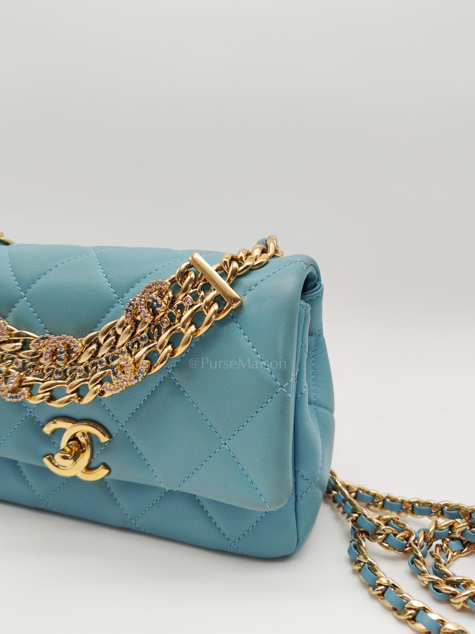 Mini CC Crystal Logo Chain Flap Bag in Light Blue Quilted Lambskin Leather & Gold Hardware Microchip