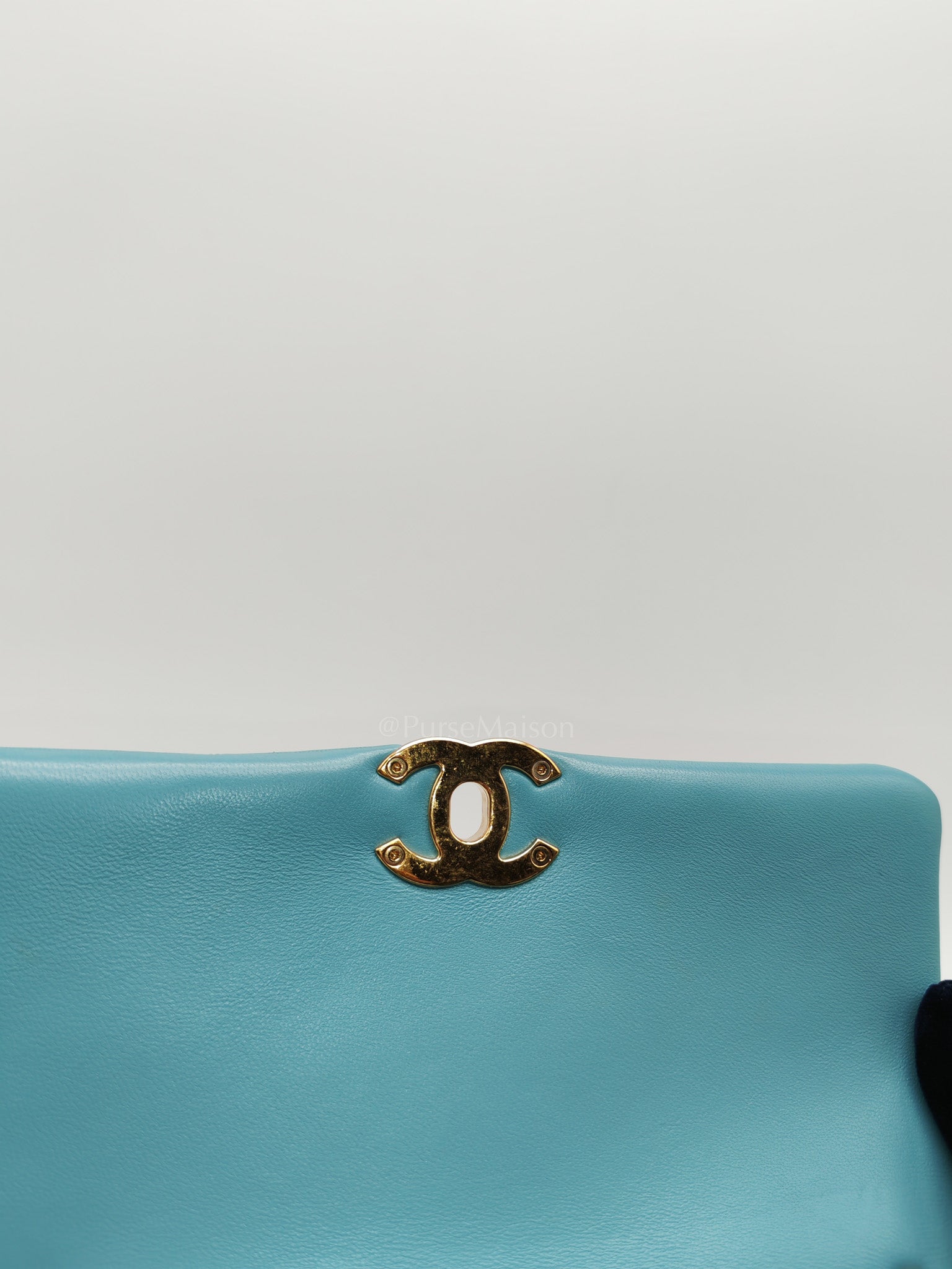 Mini CC Crystal Logo Chain Flap Bag in Light Blue Quilted Lambskin Leather & Gold Hardware Microchip