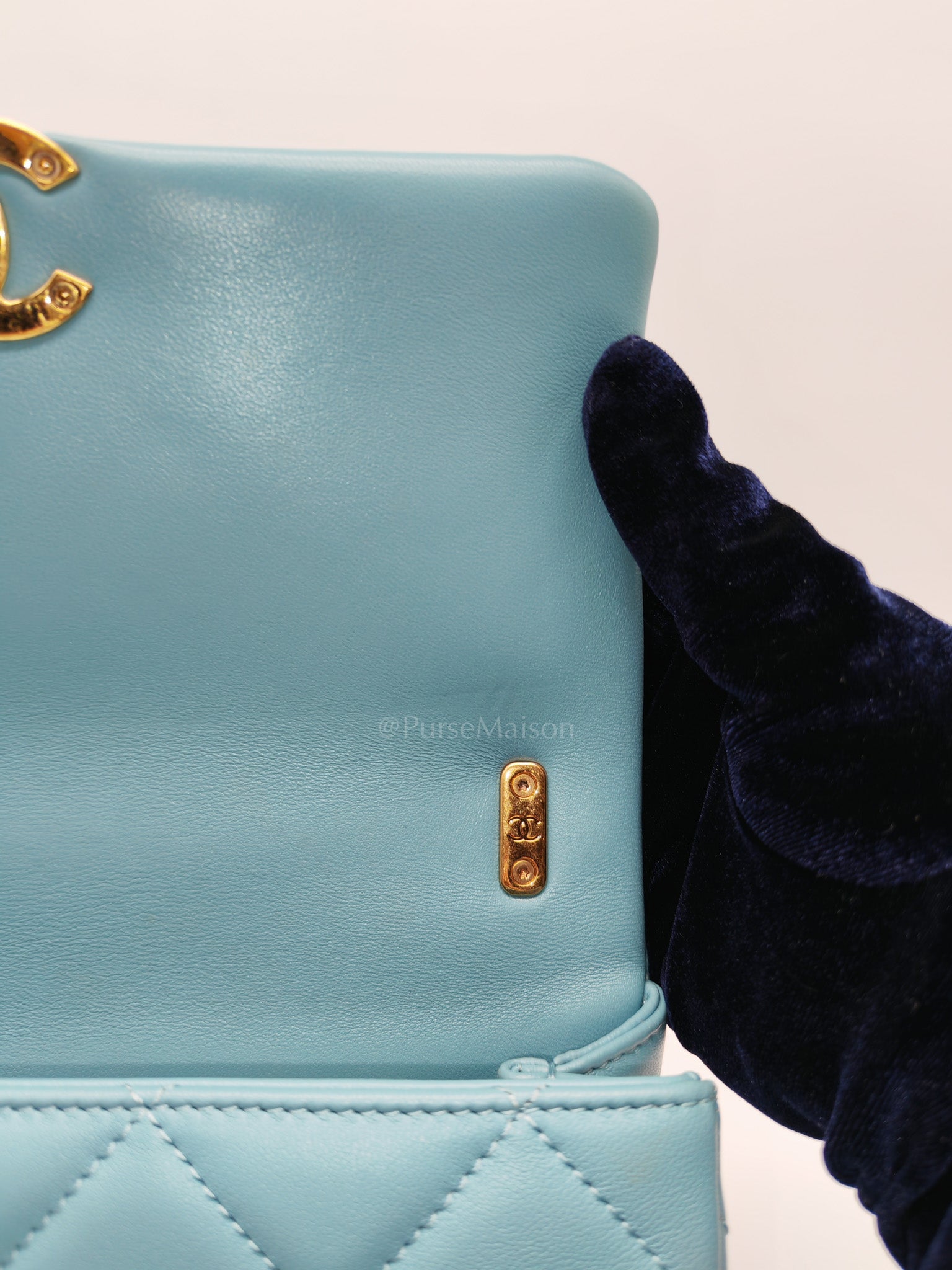 Mini CC Crystal Logo Chain Flap Bag in Light Blue Quilted Lambskin Leather & Gold Hardware Microchip