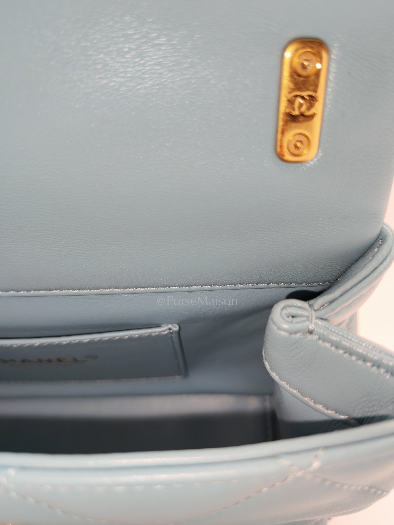 Mini CC Crystal Logo Chain Flap Bag in Light Blue Quilted Lambskin Leather & Gold Hardware Microchip