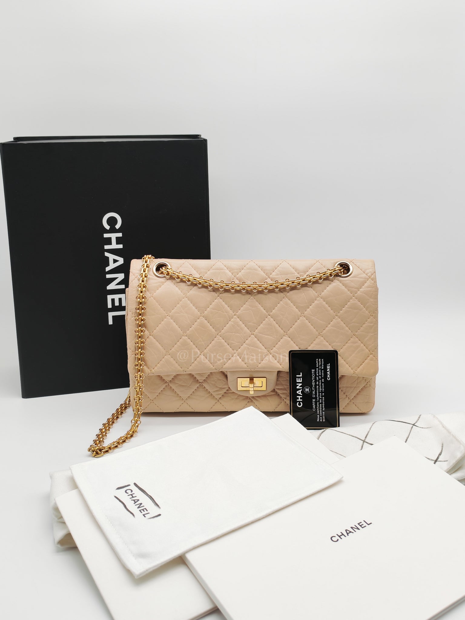 Reissue 2.55 in Beige Distressed Calfskin Leather an Aged Gold Hardwadre Series 18 | Purse Maison Luxury Bags Shop