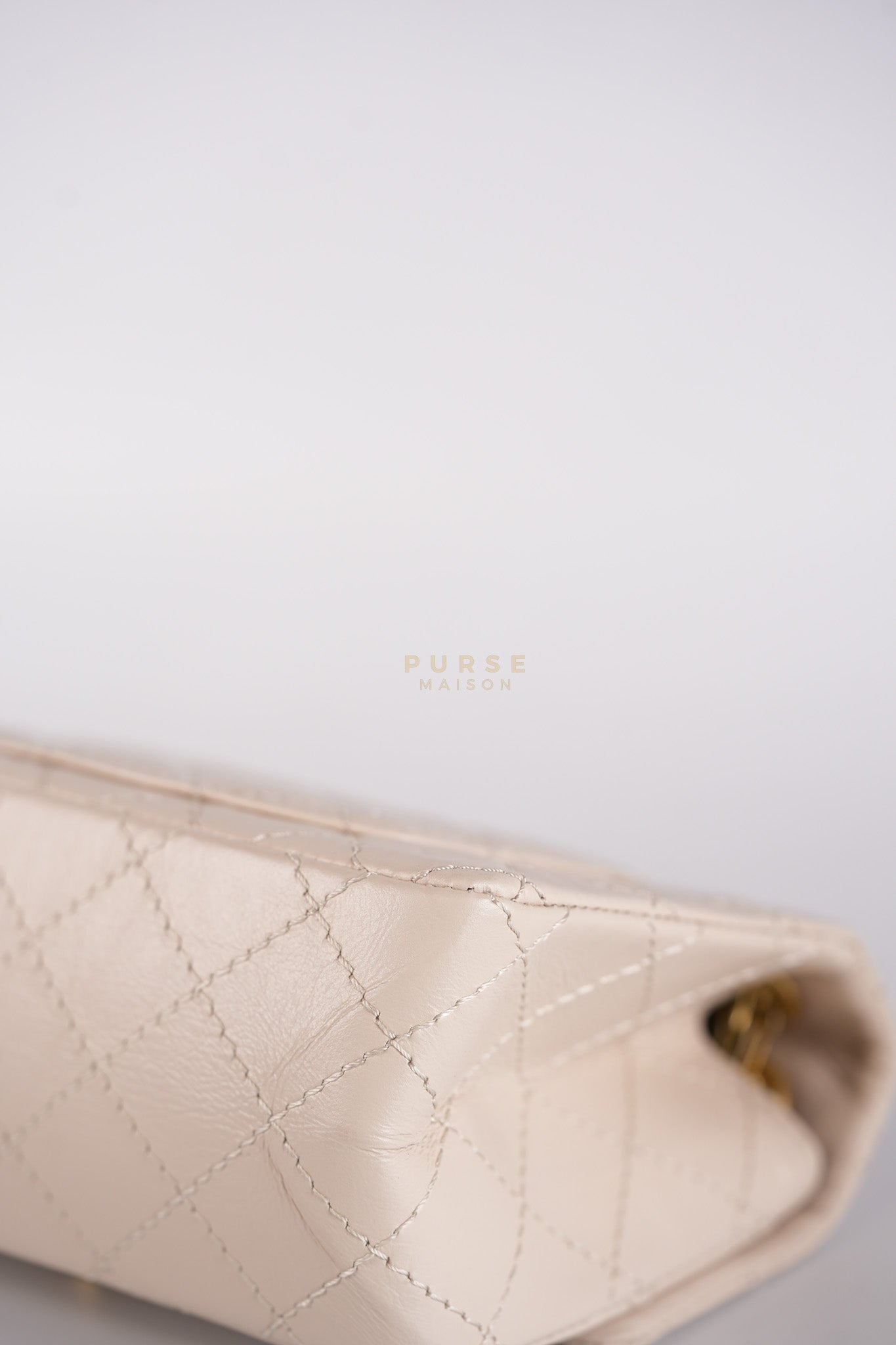 Reissue 2.55 Single Flap Mini in Beige Calfskin Distressed Leather Aged Gold Hardware (Microchip) | Purse Maison Luxury Bags Shop