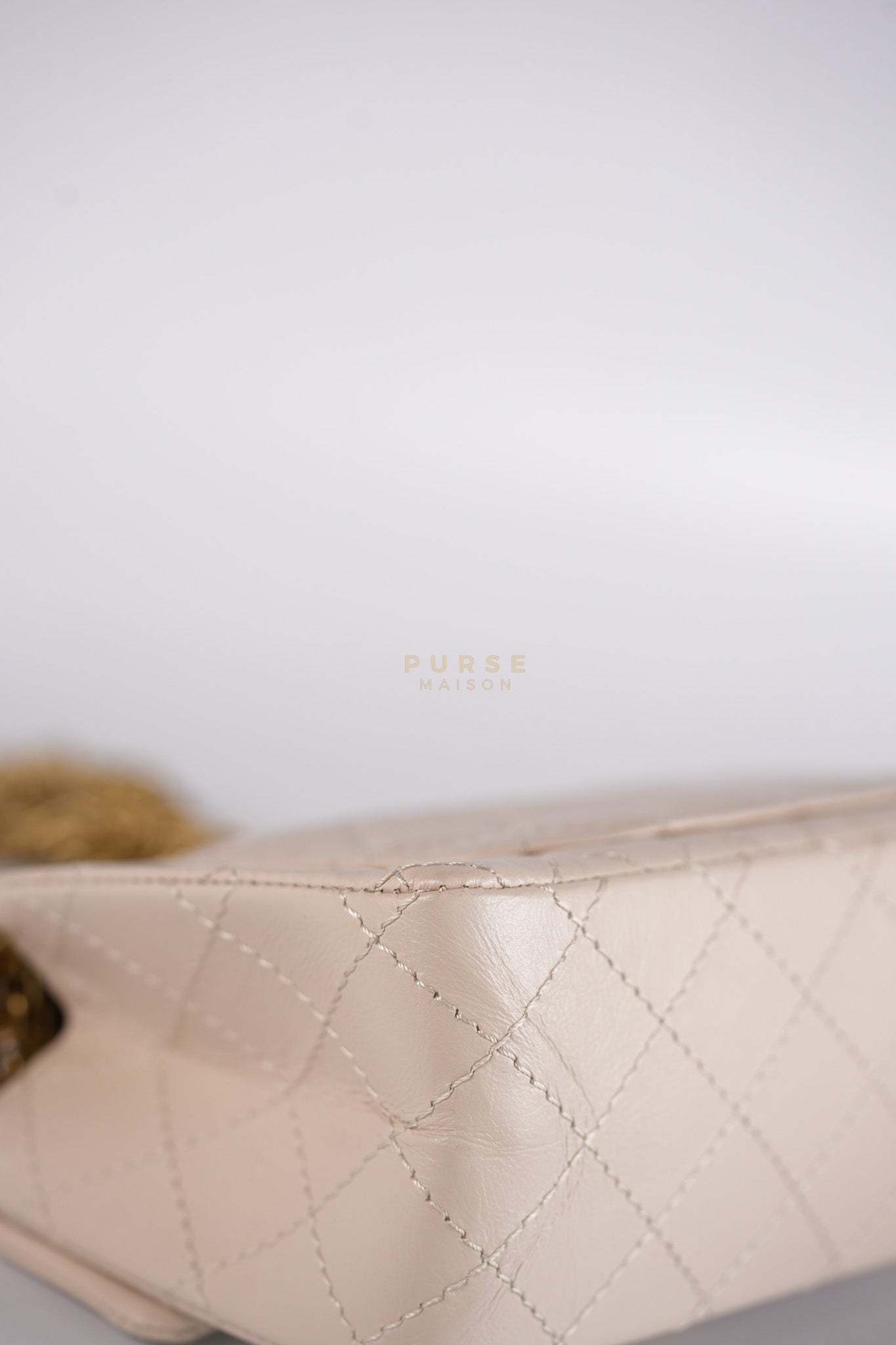 Reissue 2.55 Single Flap Mini in Beige Calfskin Distressed Leather Aged Gold Hardware (Microchip) | Purse Maison Luxury Bags Shop