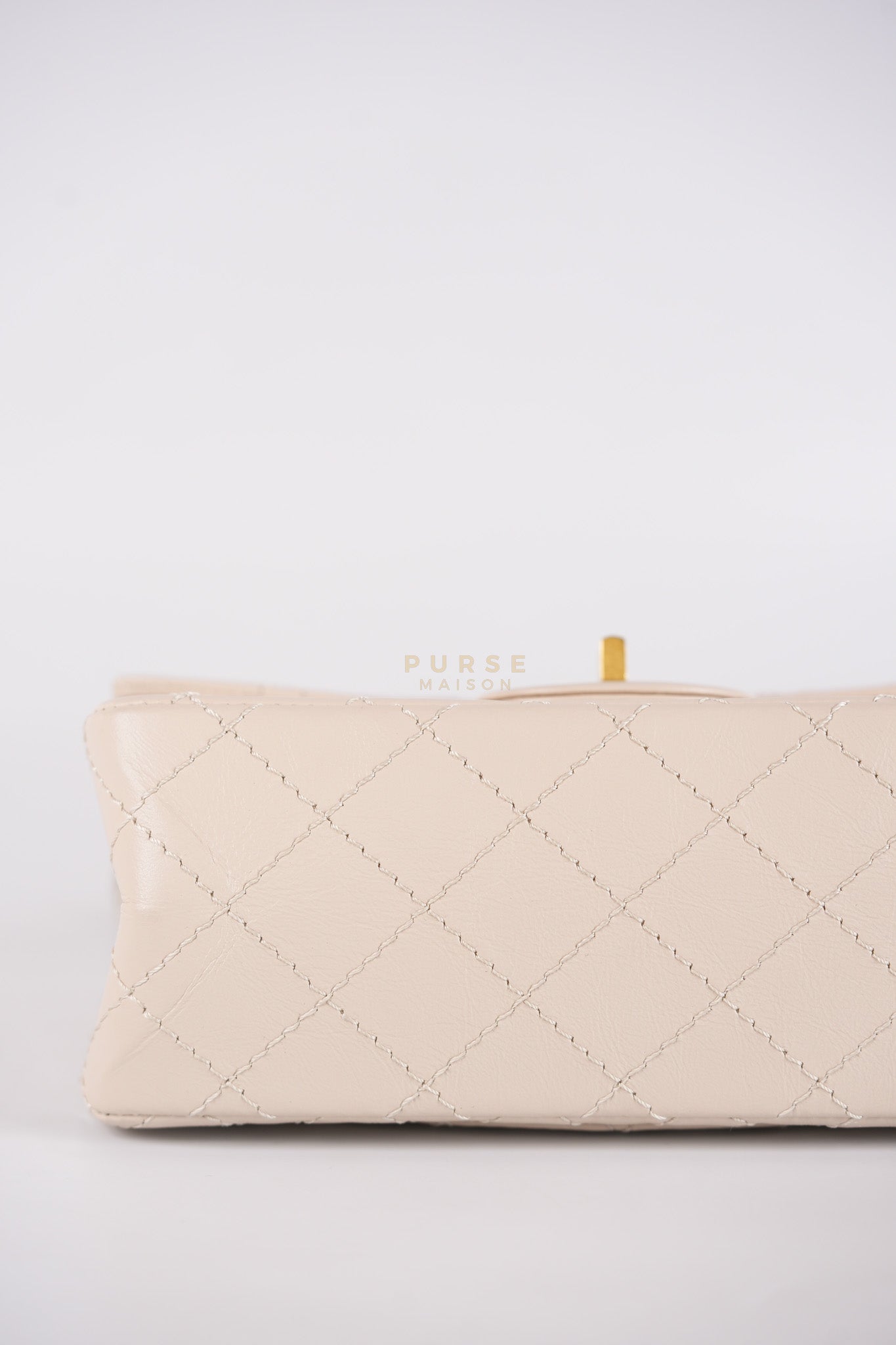 Reissue 2.55 Single Flap Mini in Beige Calfskin Distressed Leather Aged Gold Hardware (Microchip) | Purse Maison Luxury Bags Shop