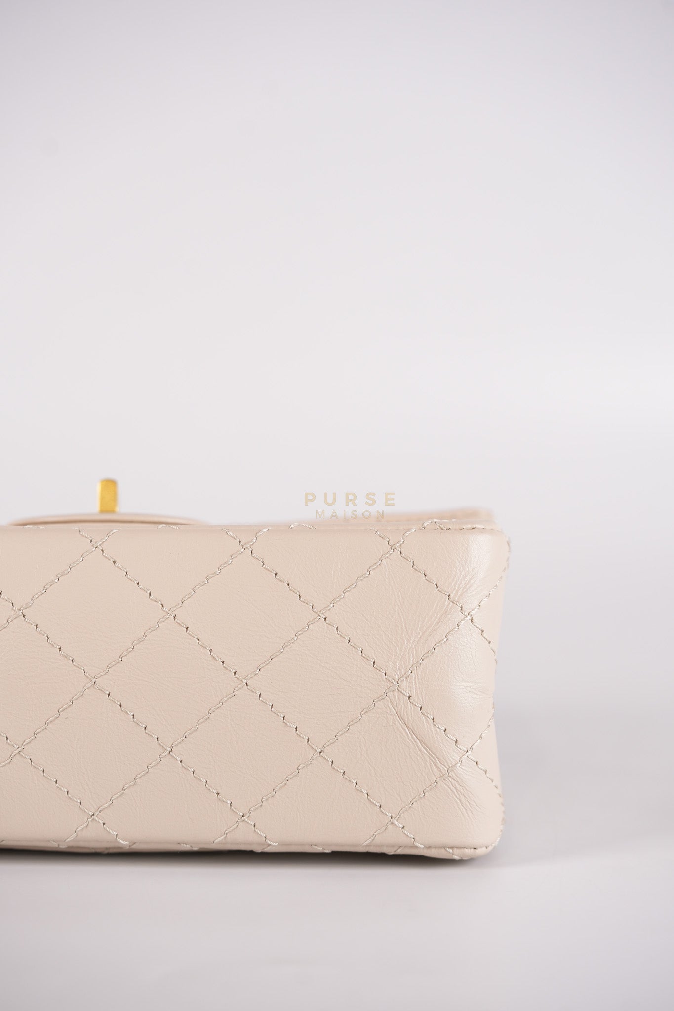 Reissue 2.55 Single Flap Mini in Beige Calfskin Distressed Leather Aged Gold Hardware (Microchip) | Purse Maison Luxury Bags Shop