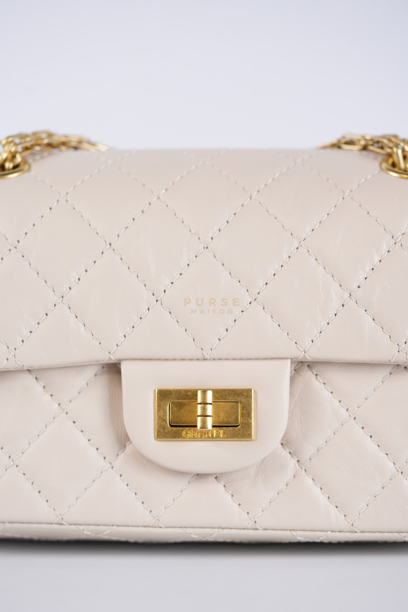 Reissue 2.55 Single Flap Mini in Beige Calfskin Distressed Leather Aged Gold Hardware (Microchip) | Purse Maison Luxury Bags Shop