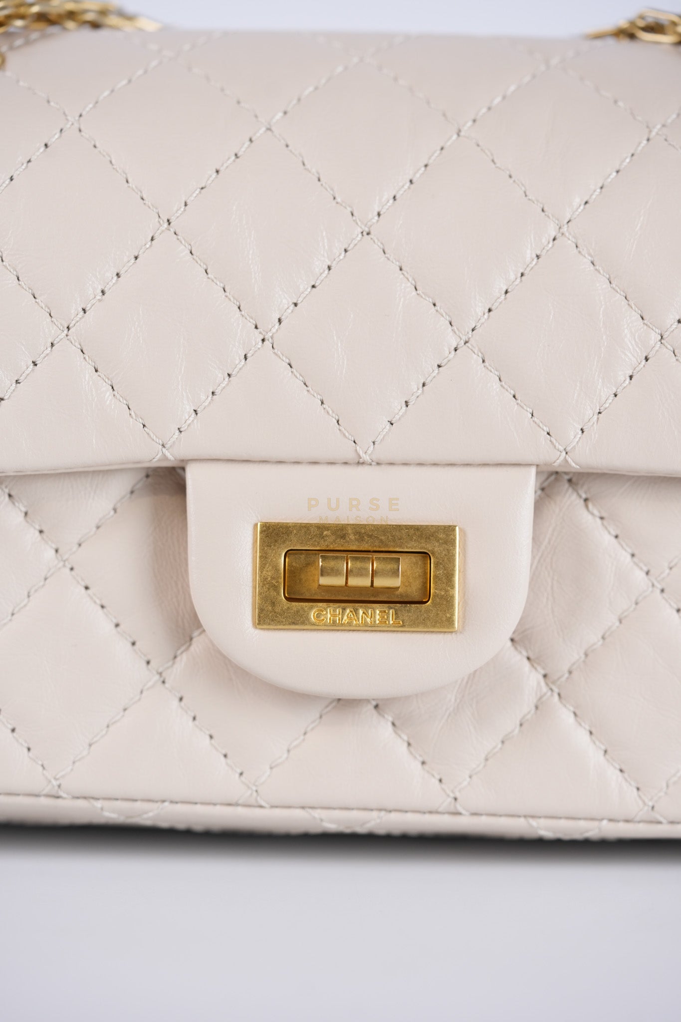 Reissue 2.55 Single Flap Mini in Beige Calfskin Distressed Leather Aged Gold Hardware (Microchip) | Purse Maison Luxury Bags Shop