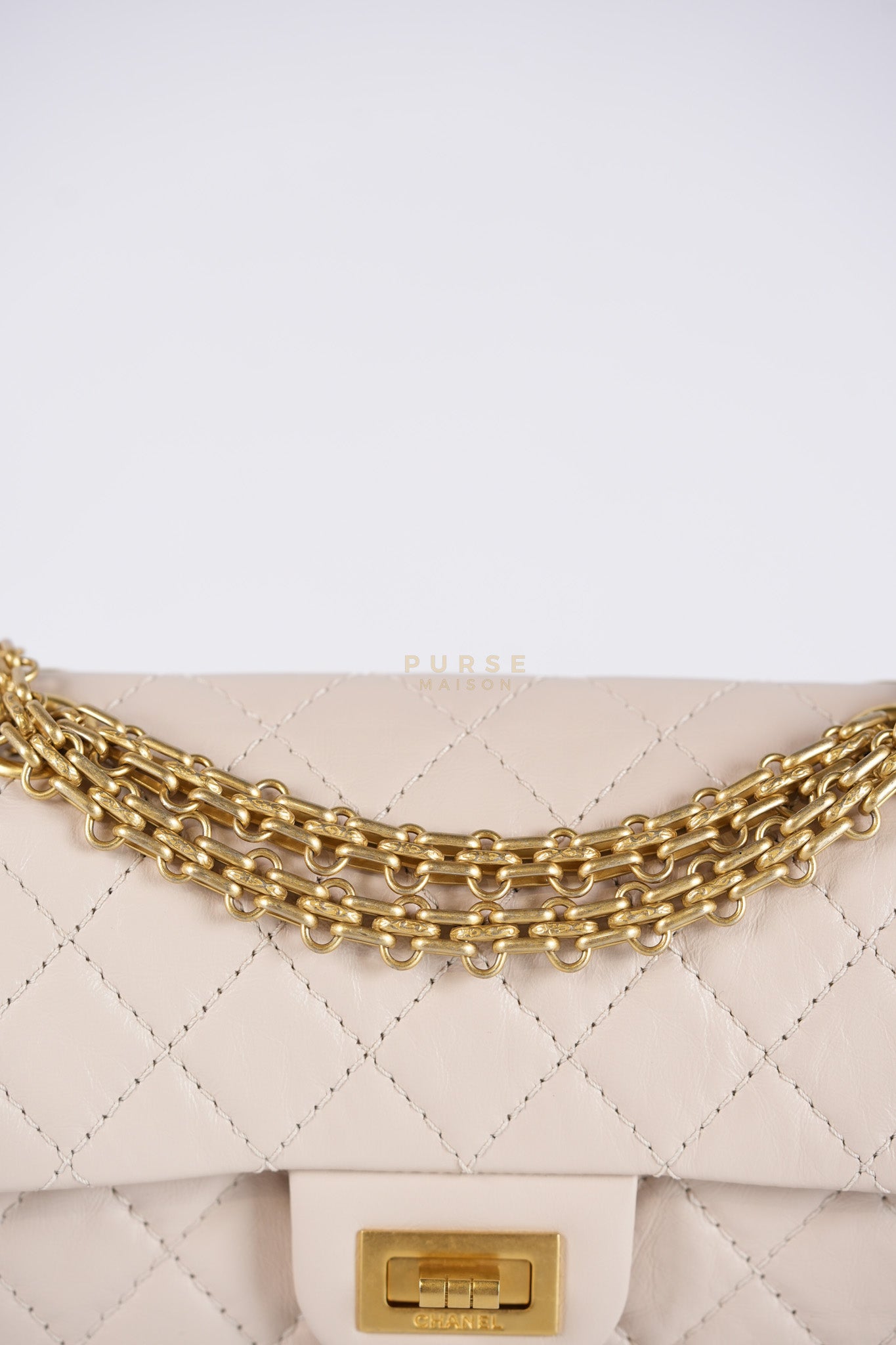 Reissue 2.55 Single Flap Mini in Beige Calfskin Distressed Leather Aged Gold Hardware (Microchip) | Purse Maison Luxury Bags Shop