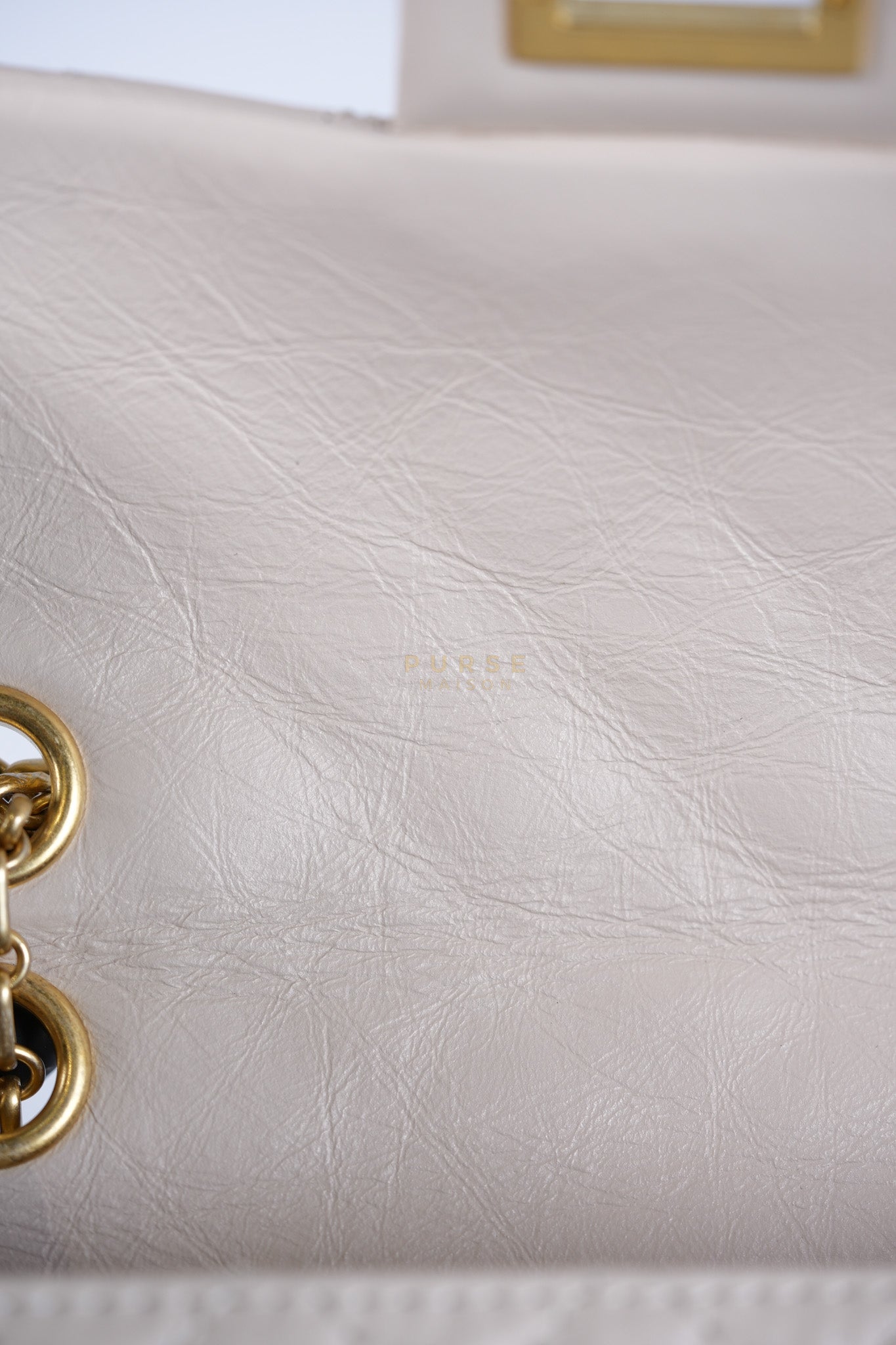 Reissue 2.55 Single Flap Mini in Beige Calfskin Distressed Leather Aged Gold Hardware (Microchip) | Purse Maison Luxury Bags Shop