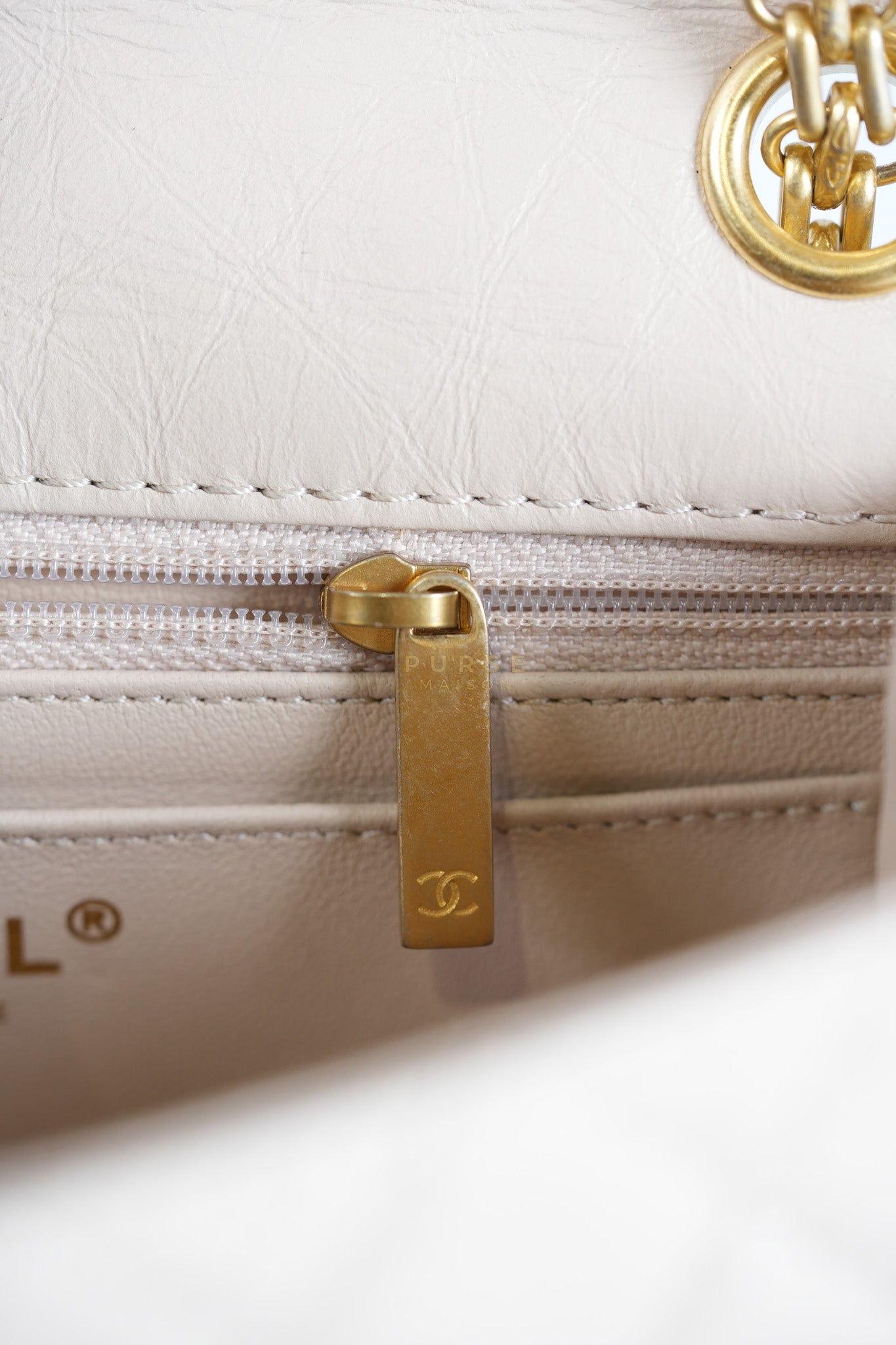 Reissue 2.55 Single Flap Mini in Beige Calfskin Distressed Leather Aged Gold Hardware (Microchip) | Purse Maison Luxury Bags Shop