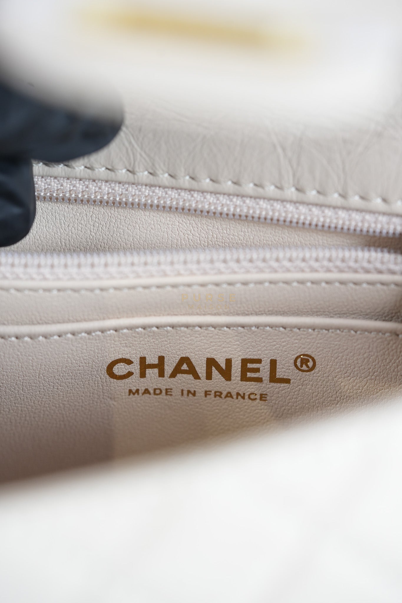 Reissue 2.55 Single Flap Mini in Beige Calfskin Distressed Leather Aged Gold Hardware (Microchip) | Purse Maison Luxury Bags Shop