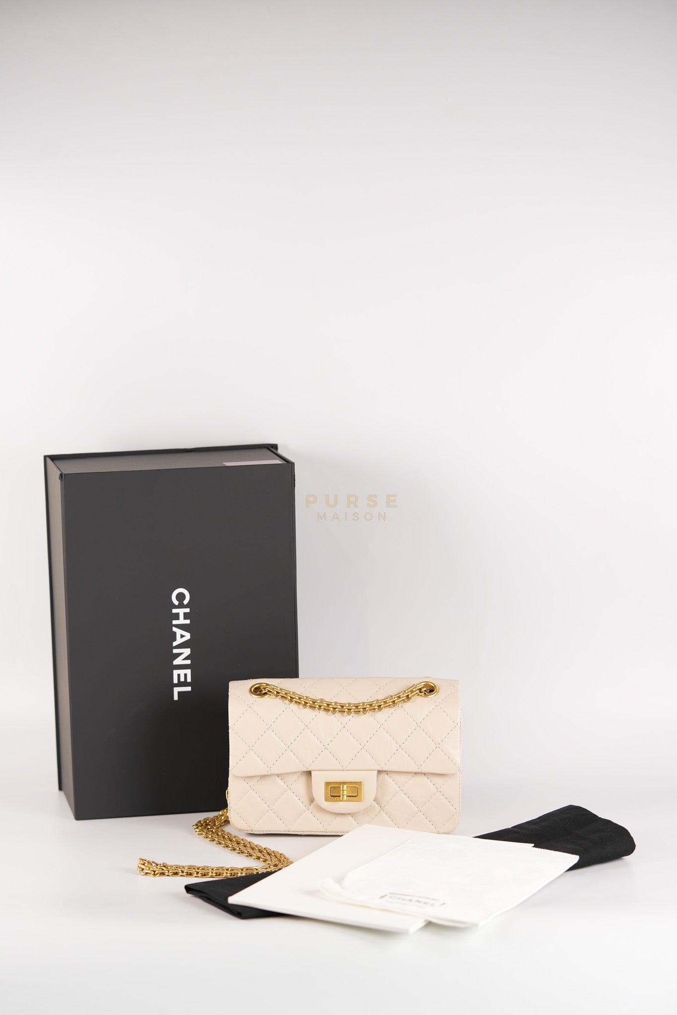 Reissue 2.55 Single Flap Mini in Beige Calfskin Distressed Leather Aged Gold Hardware (Microchip) | Purse Maison Luxury Bags Shop