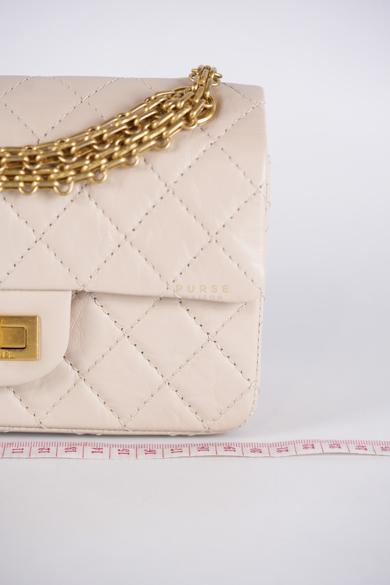 Reissue 2.55 Single Flap Mini in Beige Calfskin Distressed Leather Aged Gold Hardware (Microchip) | Purse Maison Luxury Bags Shop