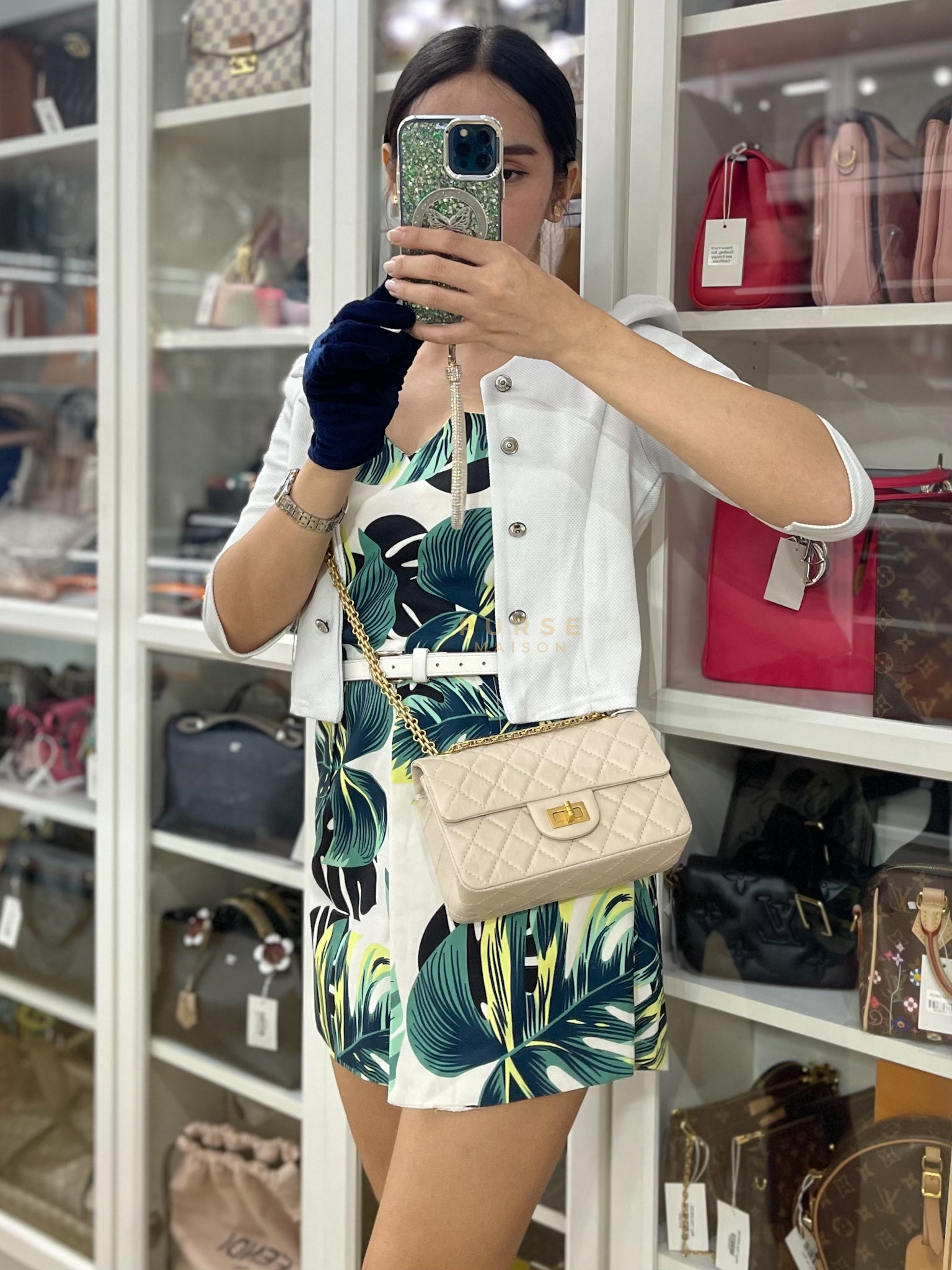 Reissue 2.55 Single Flap Mini in Beige Calfskin Distressed Leather Aged Gold Hardware (Microchip) | Purse Maison Luxury Bags Shop