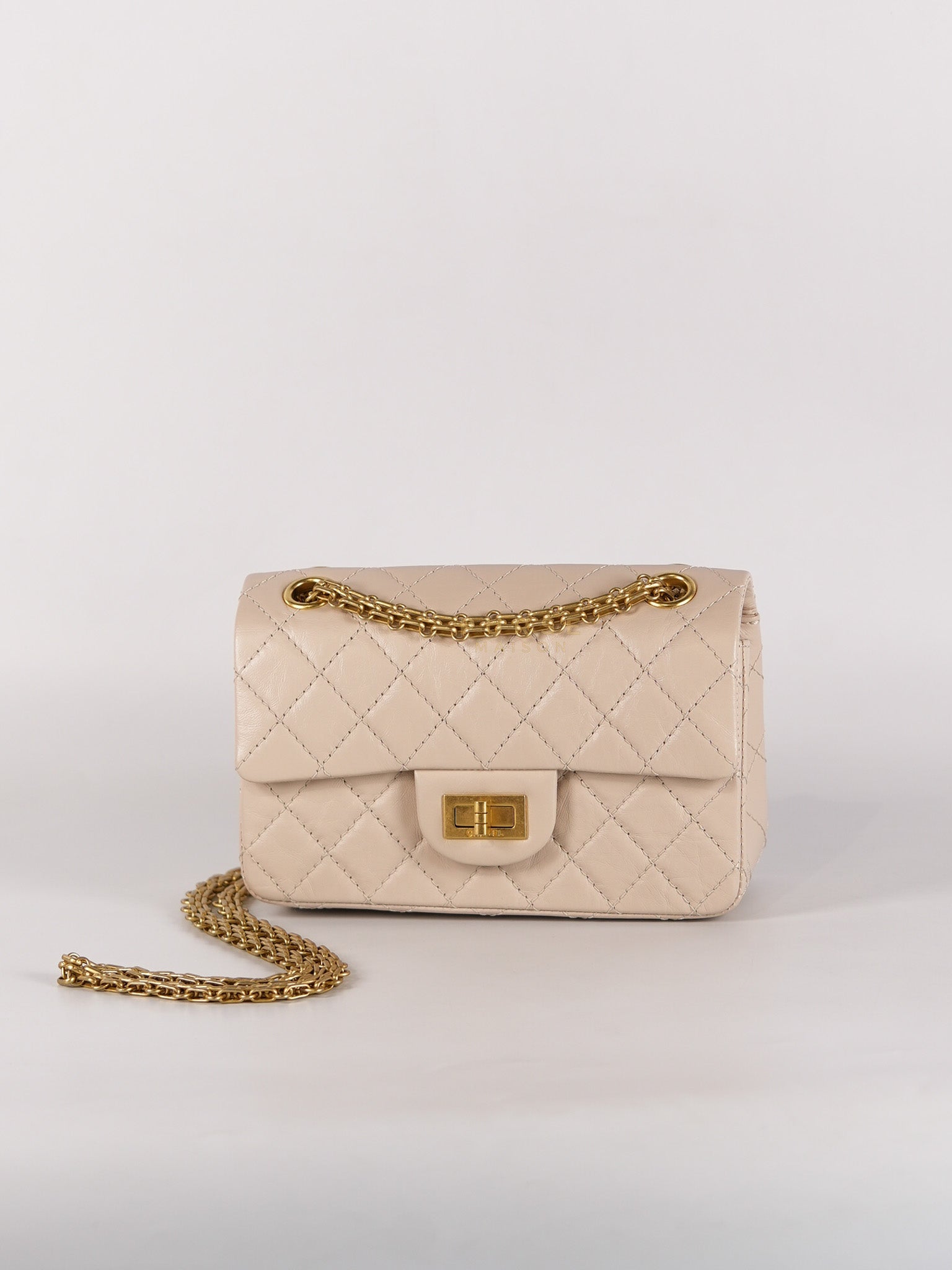 Reissue 2.55 Single Flap Mini in Beige Calfskin Distressed Leather Aged Gold Hardware (Microchip) | Purse Maison Luxury Bags Shop