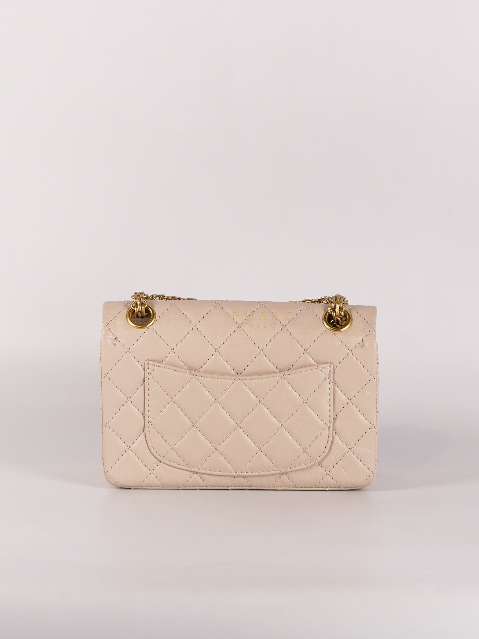 Reissue 2.55 Single Flap Mini in Beige Calfskin Distressed Leather Aged Gold Hardware (Microchip) | Purse Maison Luxury Bags Shop