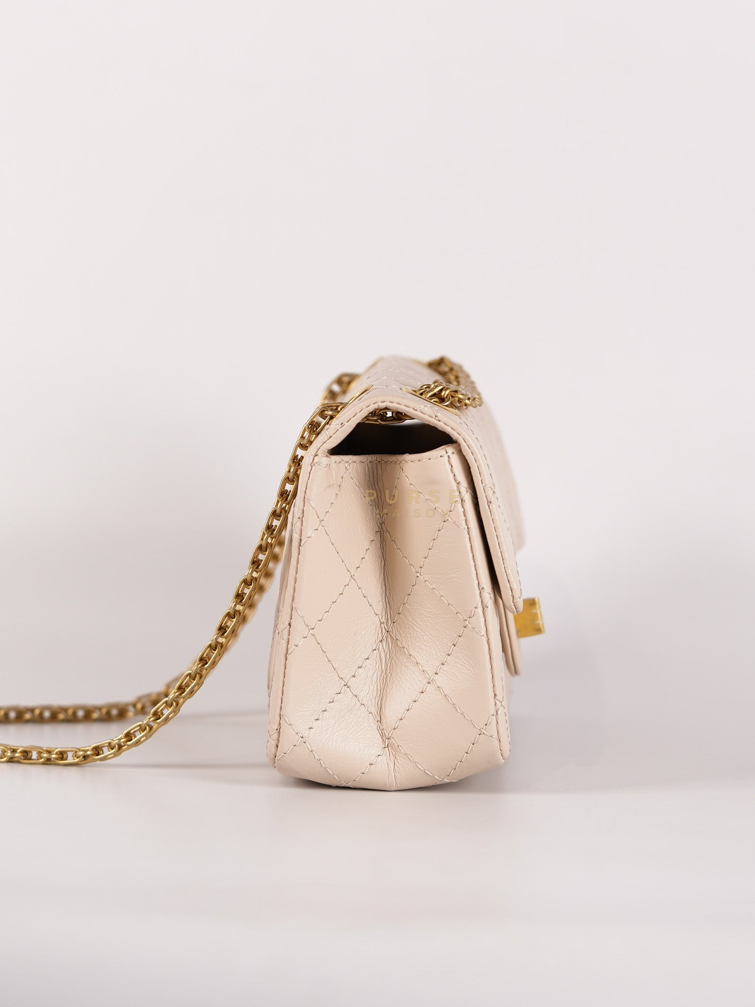 Reissue 2.55 Single Flap Mini in Beige Calfskin Distressed Leather Aged Gold Hardware (Microchip) | Purse Maison Luxury Bags Shop