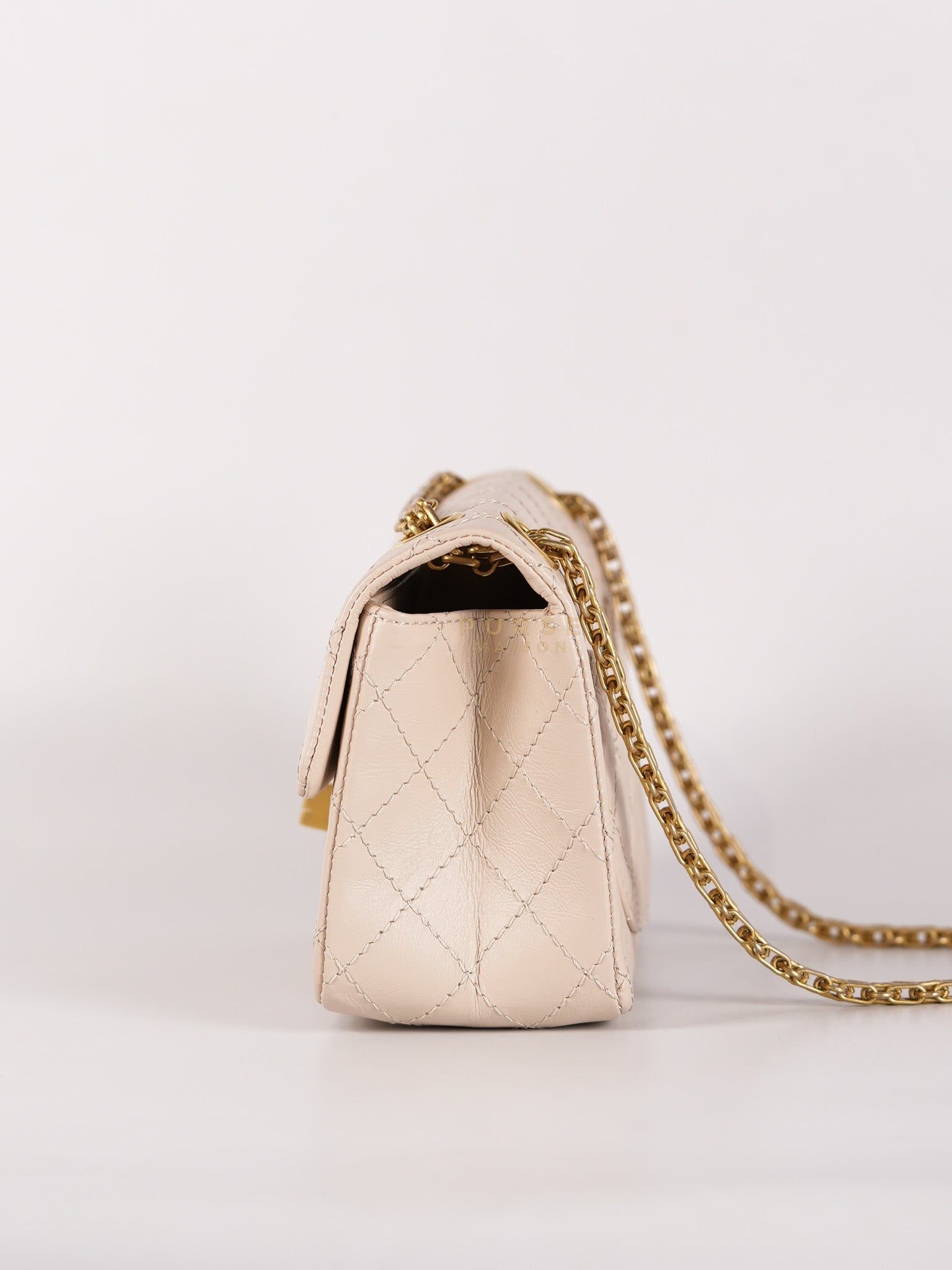 Reissue 2.55 Single Flap Mini in Beige Calfskin Distressed Leather Aged Gold Hardware (Microchip) | Purse Maison Luxury Bags Shop