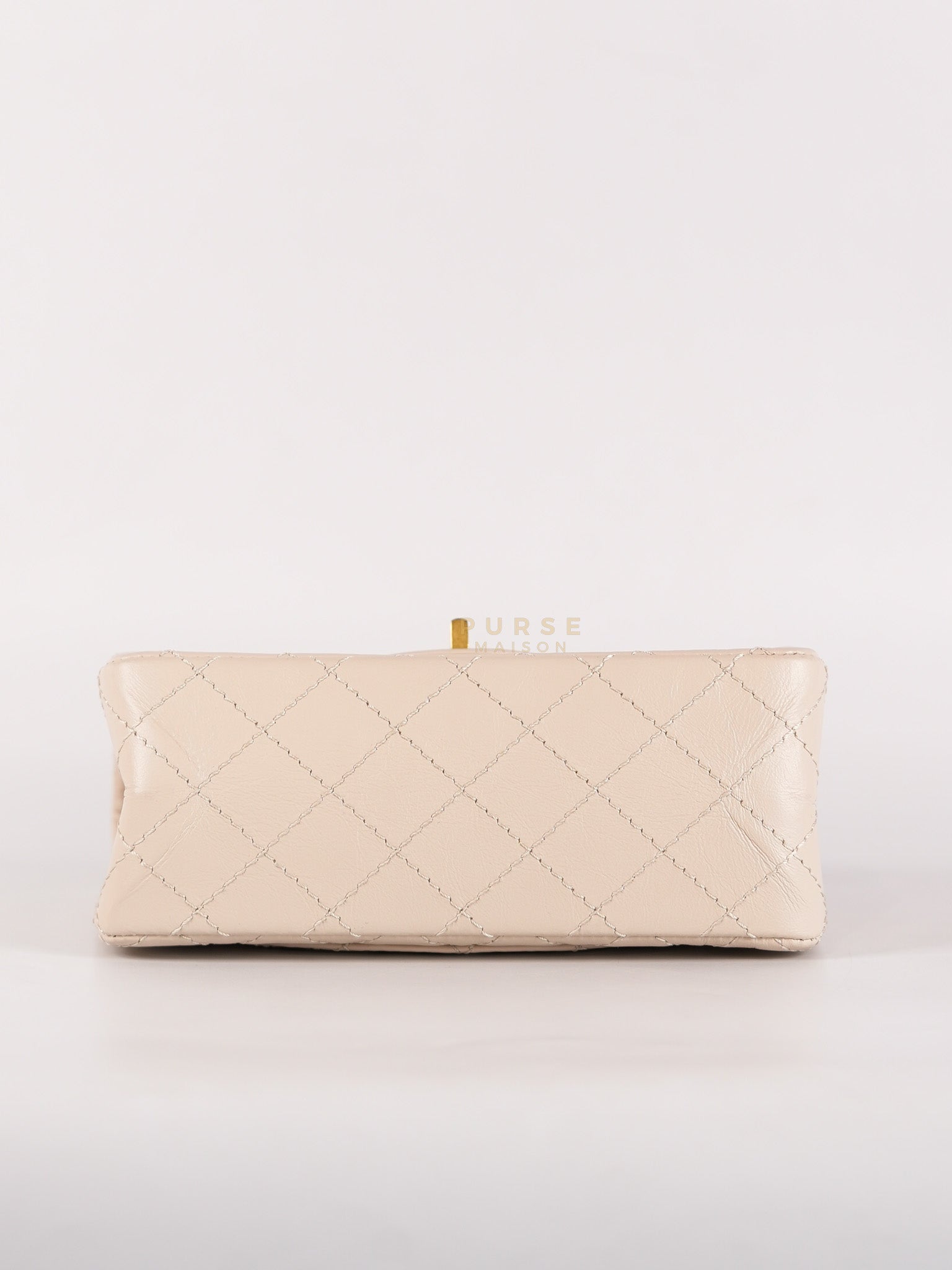 Reissue 2.55 Single Flap Mini in Beige Calfskin Distressed Leather Aged Gold Hardware (Microchip) | Purse Maison Luxury Bags Shop