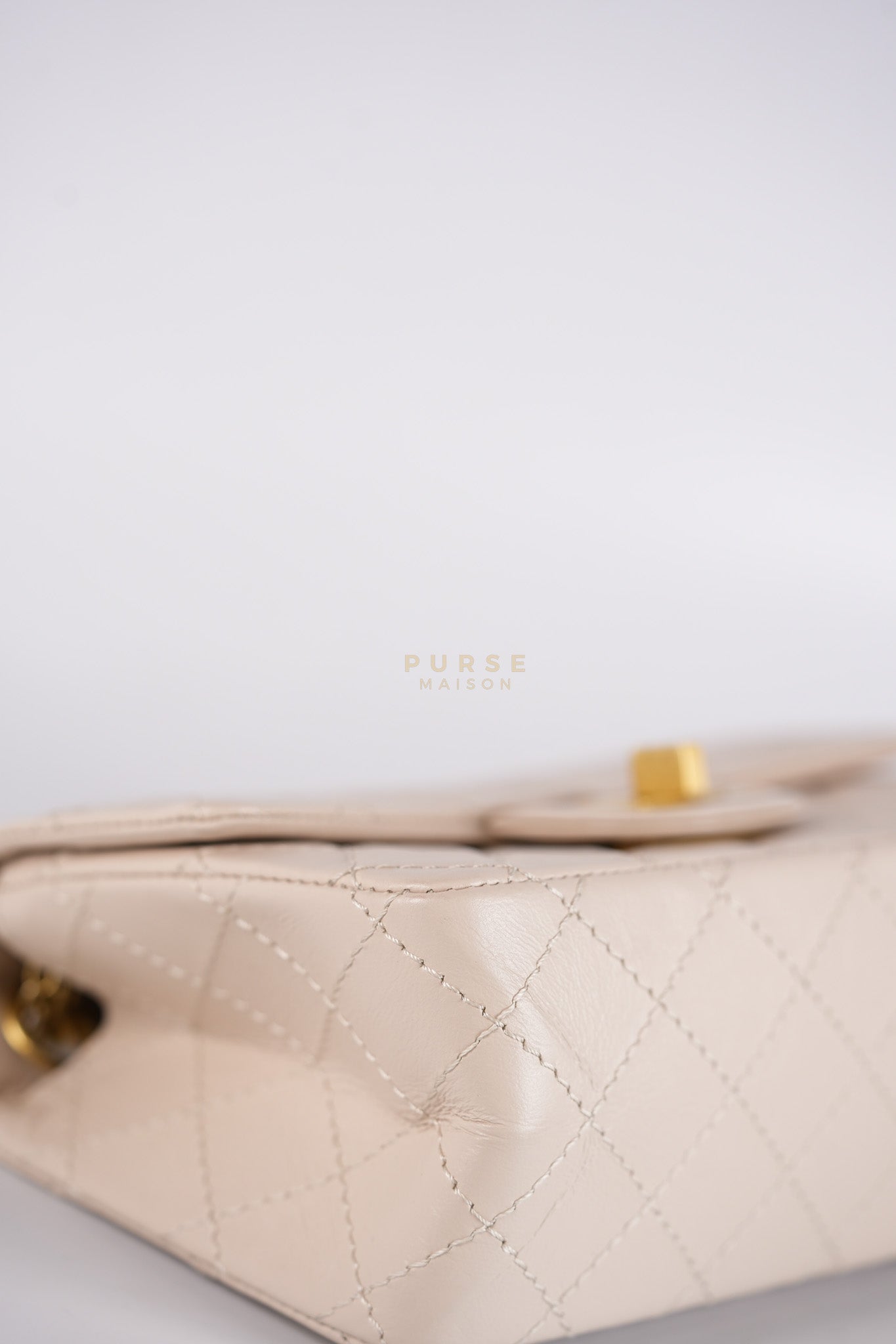 Reissue 2.55 Single Flap Mini in Beige Calfskin Distressed Leather Aged Gold Hardware (Microchip) | Purse Maison Luxury Bags Shop