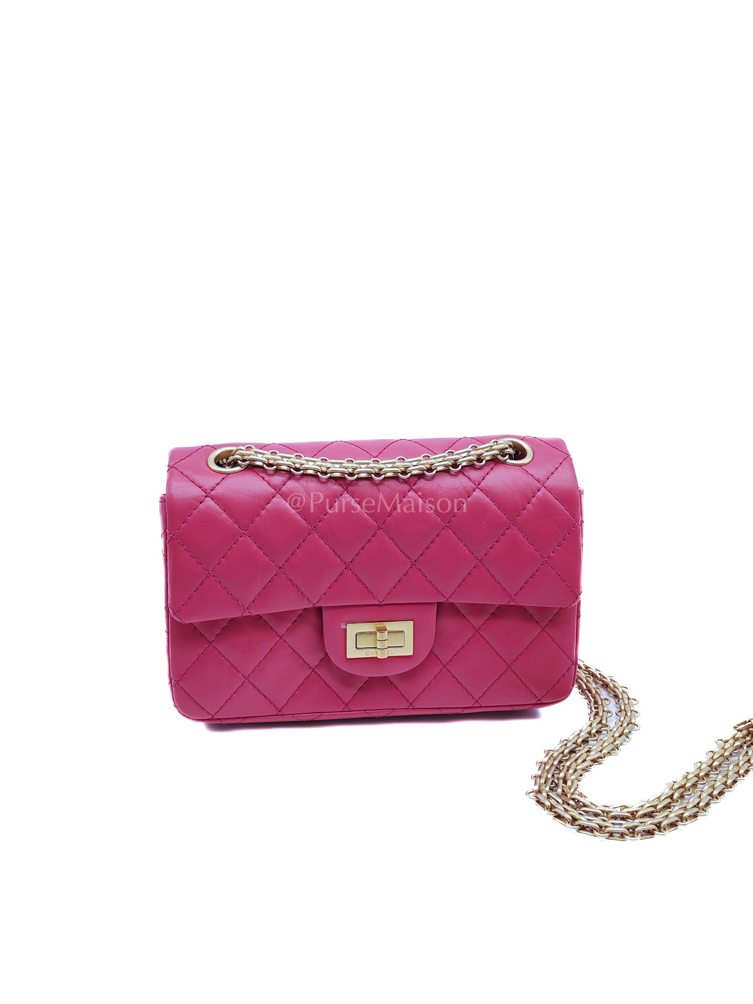 Reissue 2.55 Single Flap Mini Pink Calfskin Distressed Leather in Aged Gold Hardware(Microchip) | Purse Maison Luxury Bags Shop