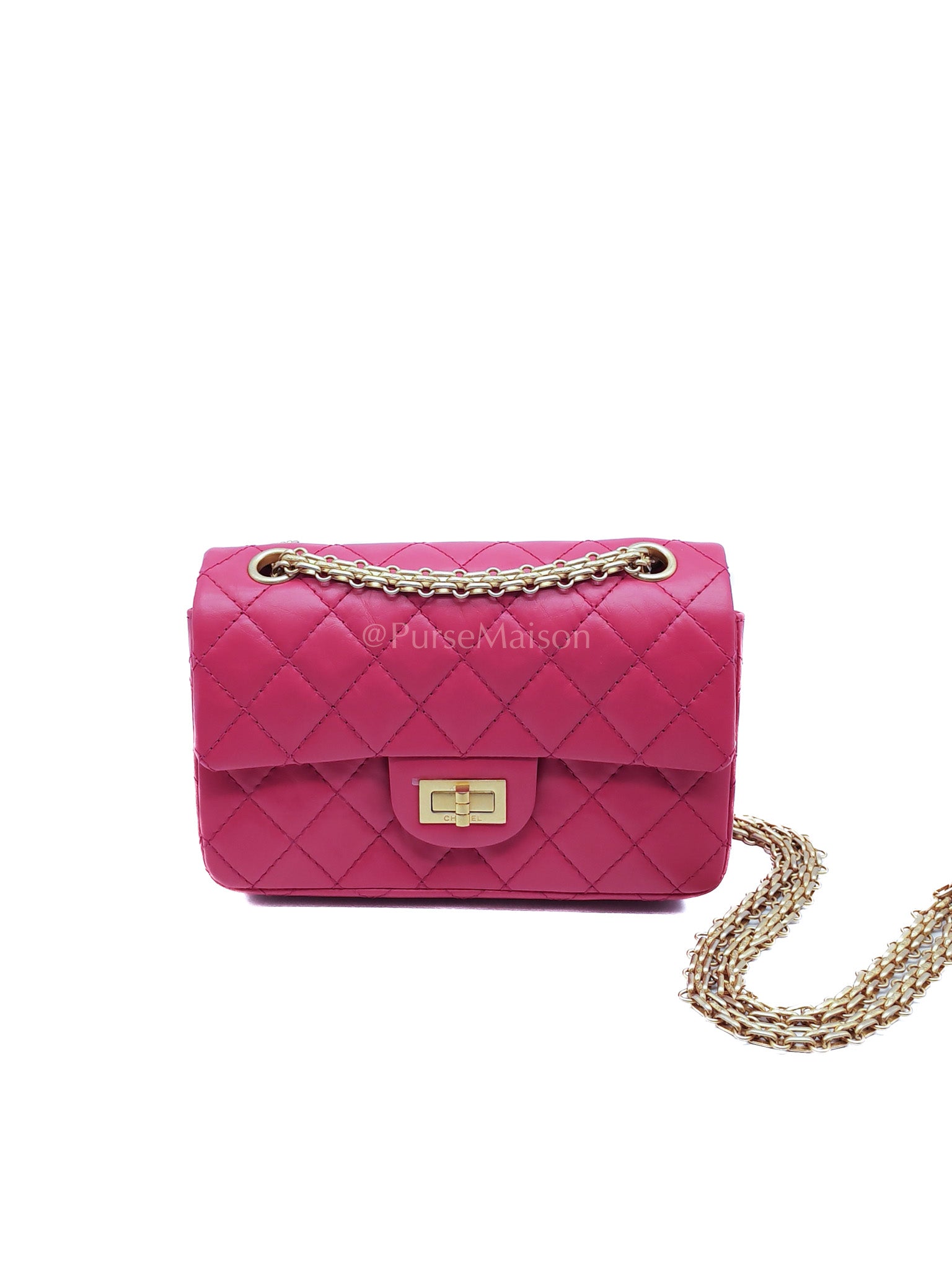 Reissue 2.55 Single Flap Mini Pink Calfskin Distressed Leather in Aged Gold Hardware(Microchip) | Purse Maison Luxury Bags Shop