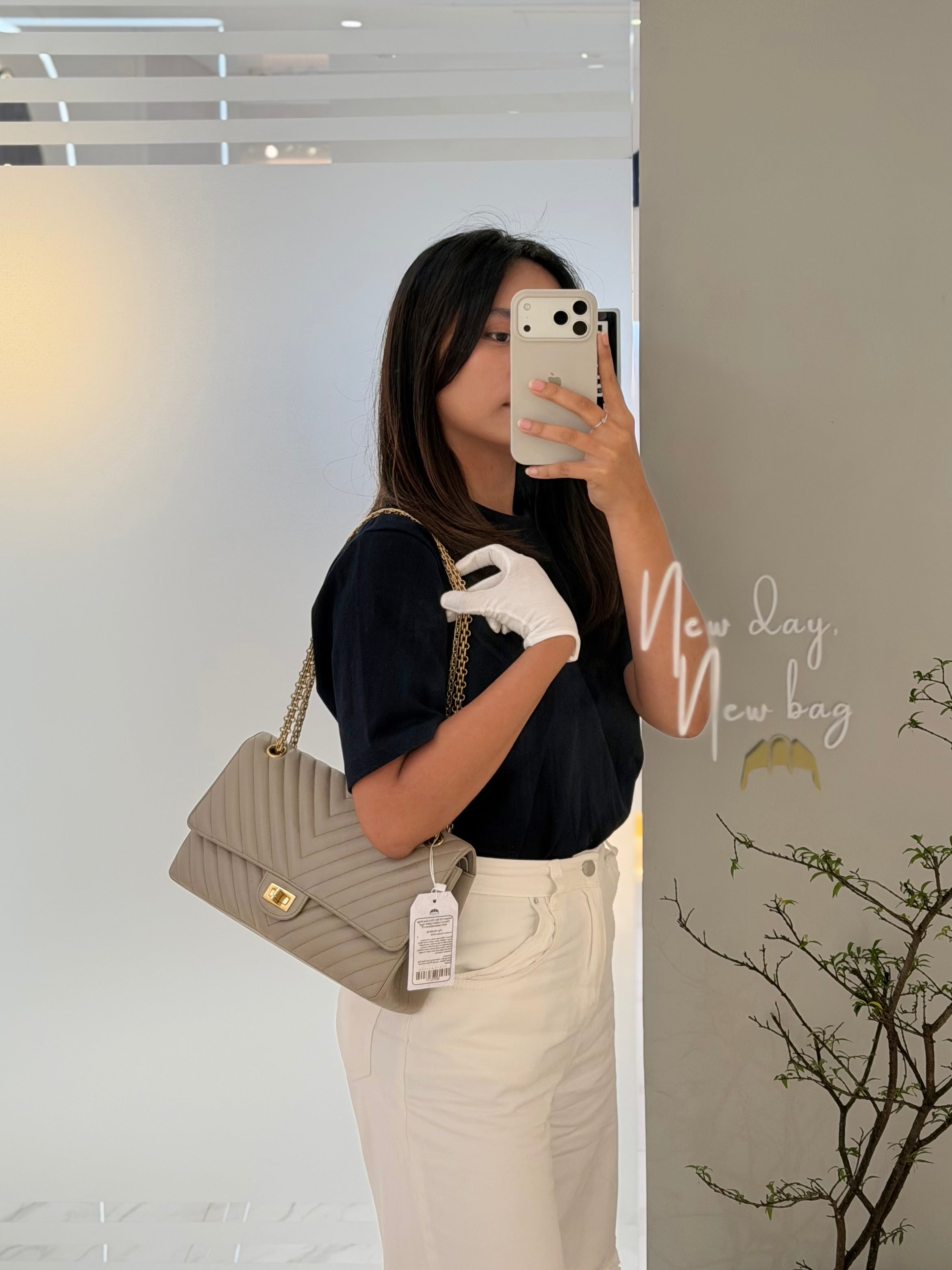 Reissue 2.55 Size 226 in Gray Beige Chevron Calfskin Leather Aged Gold Hardware(Series 27) | Purse Maison Luxury Bags Shop