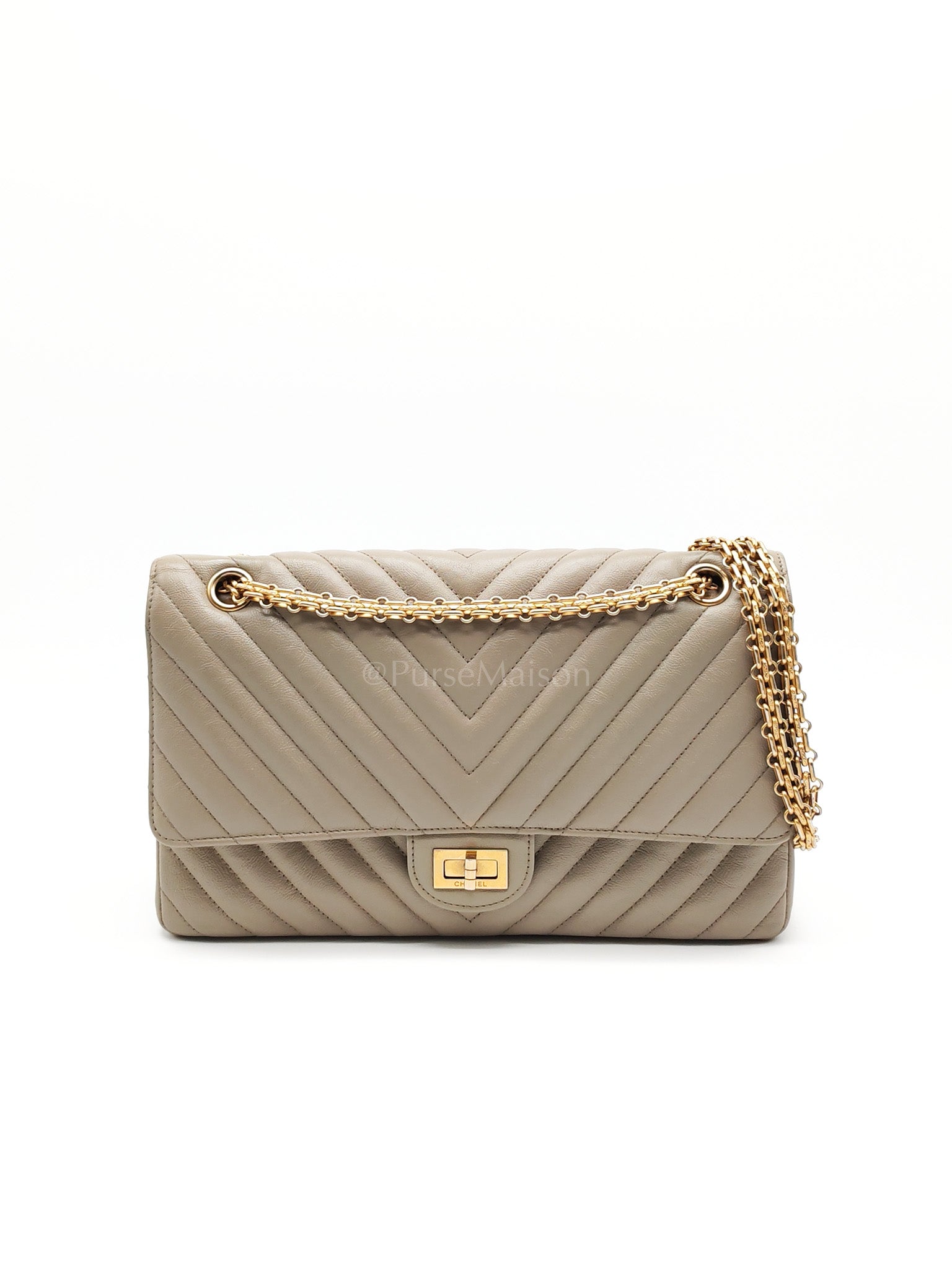 Reissue 2.55 Size 226 in Gray Beige Chevron Calfskin Leather Aged Gold Hardware(Series 27) | Purse Maison Luxury Bags Shop