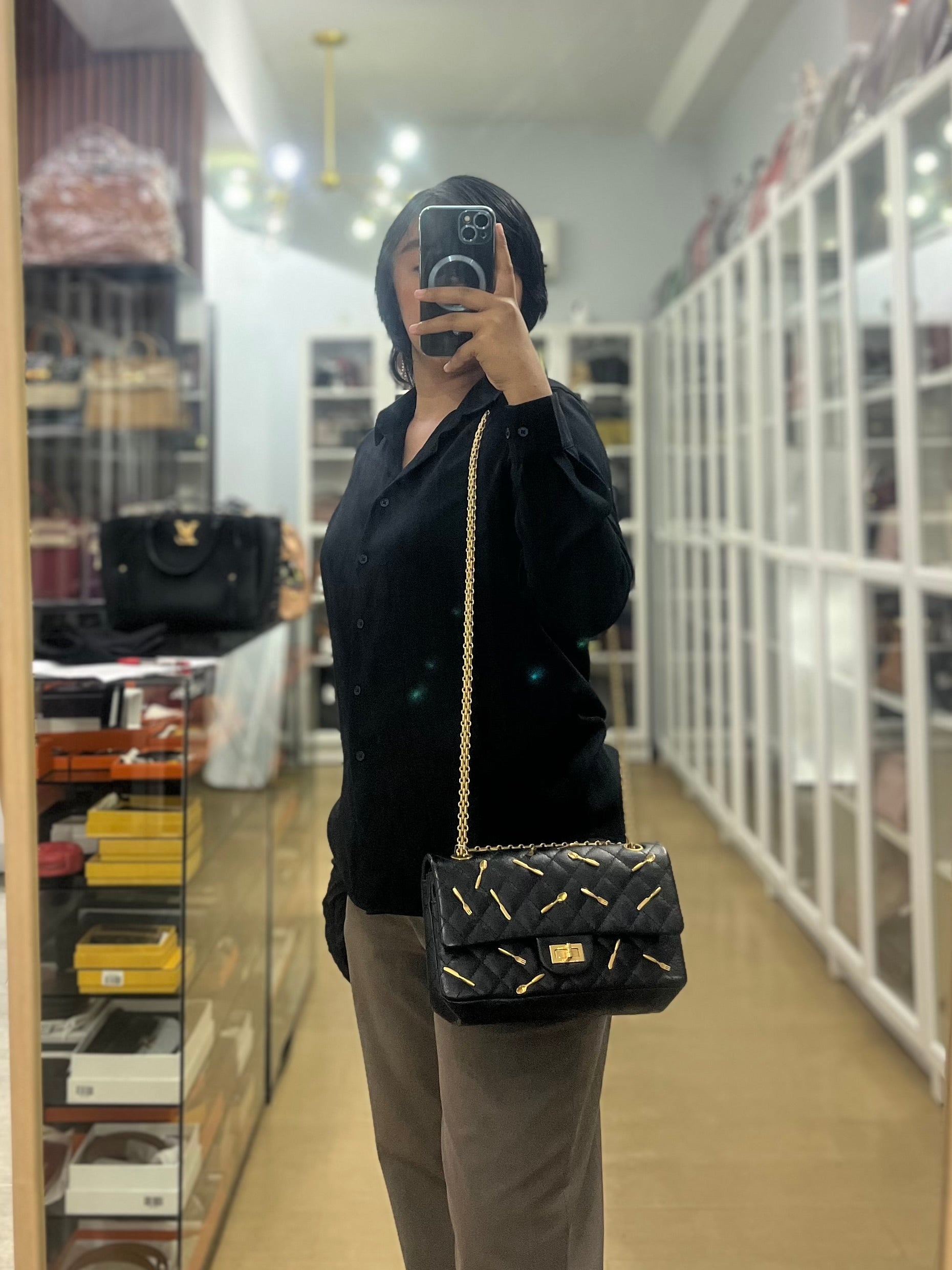 Reissue 2.55 Small Spoon Charms Brasserie Calfskin Leather in Aged Gold Hardware Series 21 | Purse Maison Luxury Bags Shop