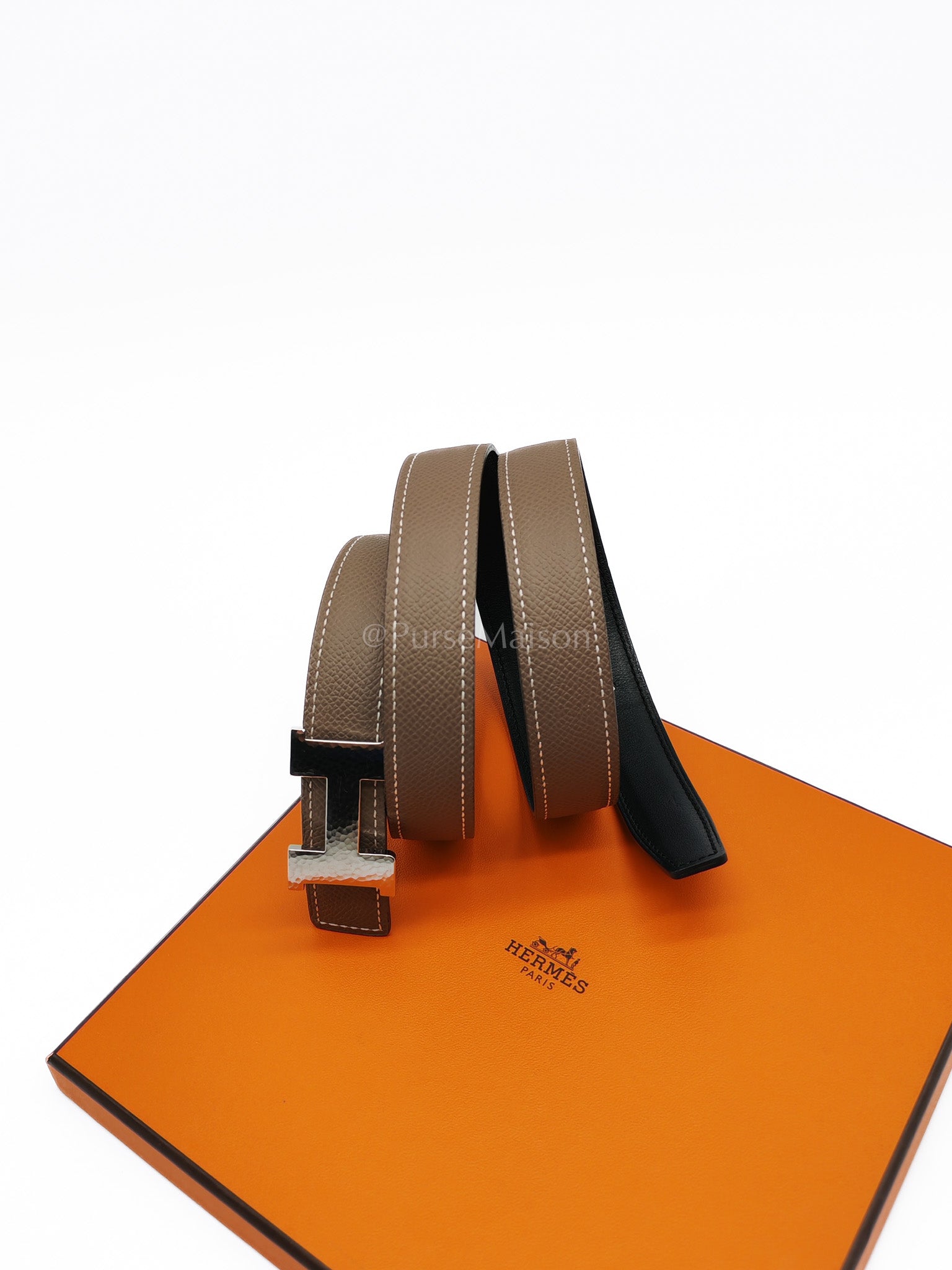 Reversible Belt in Etoupe/Black Epsom/Swift Leather in Palladium Martellee Buckle Stamp U (2022) Size 85 | Purse Maison Luxury Bags Shop