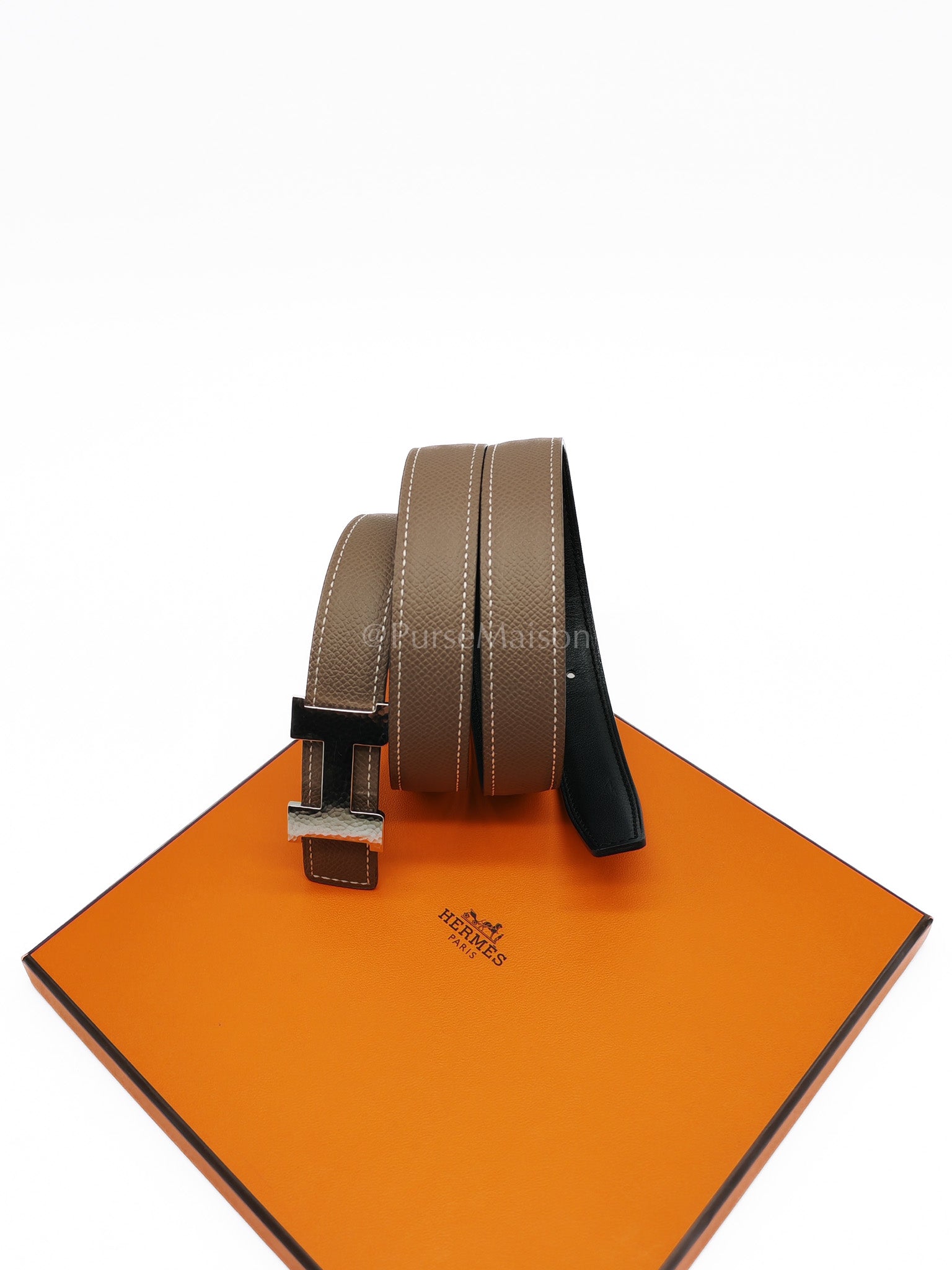 Reversible Belt in Etoupe/Black Epsom/Swift Leather in Palladium Martellee Buckle Stamp U (2022) Size 85 | Purse Maison Luxury Bags Shop