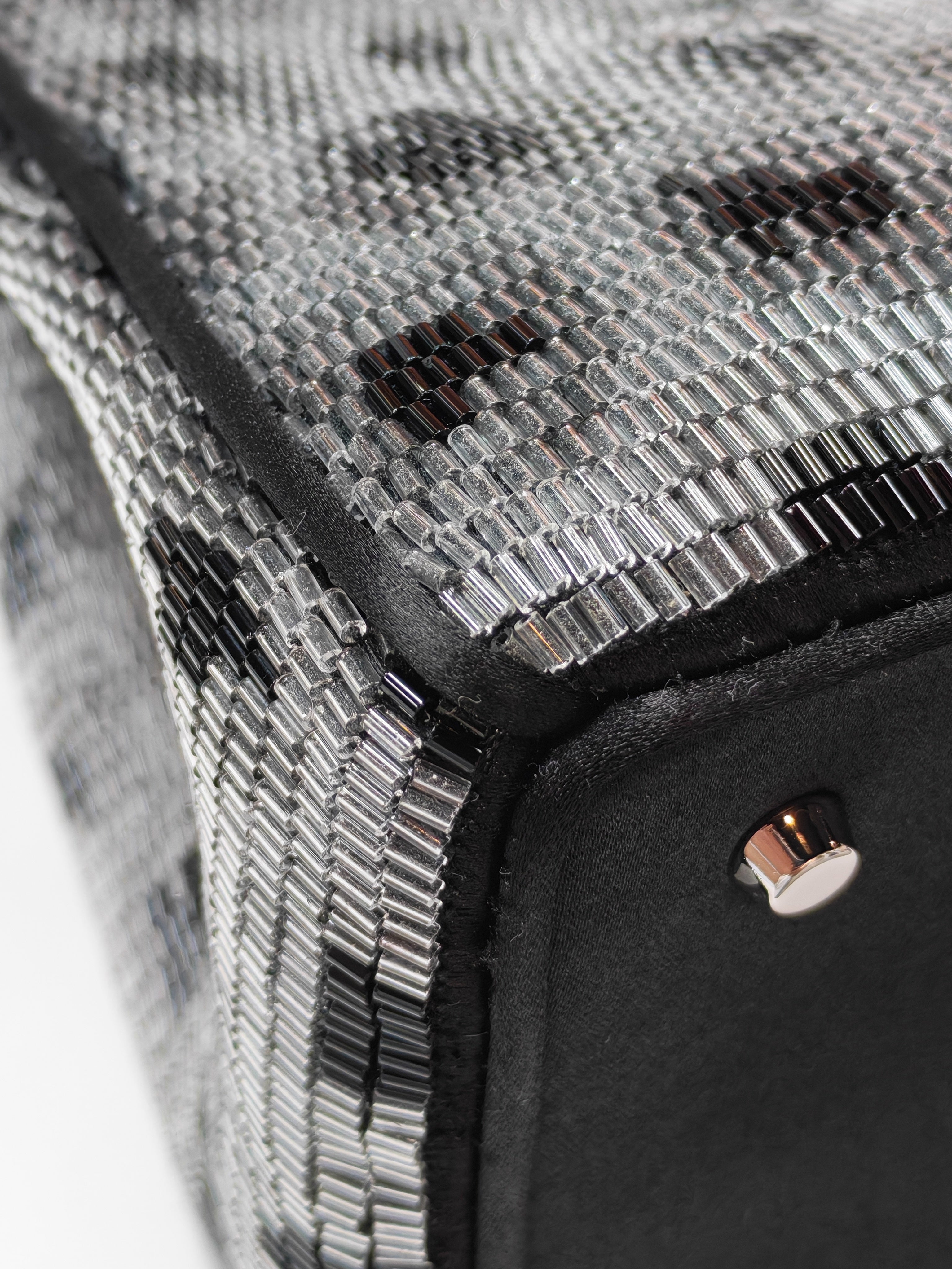 Christian Dior Leopard Lady Dior in Black and Gray Wool Sequin Leather and Silver Hardware