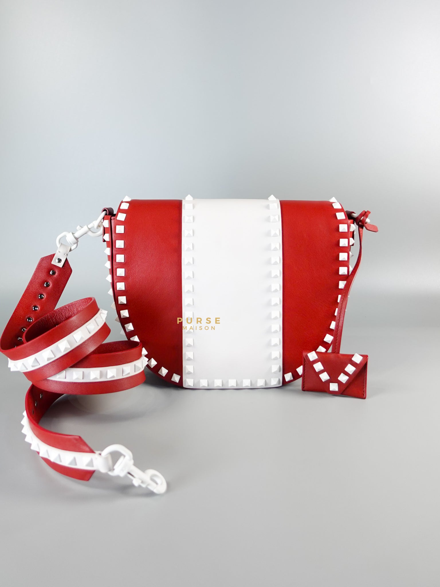Rockstud Halfmoon Saddle in Red/White Vitello Colorblock Bag | Purse Maison Luxury Bags Shop