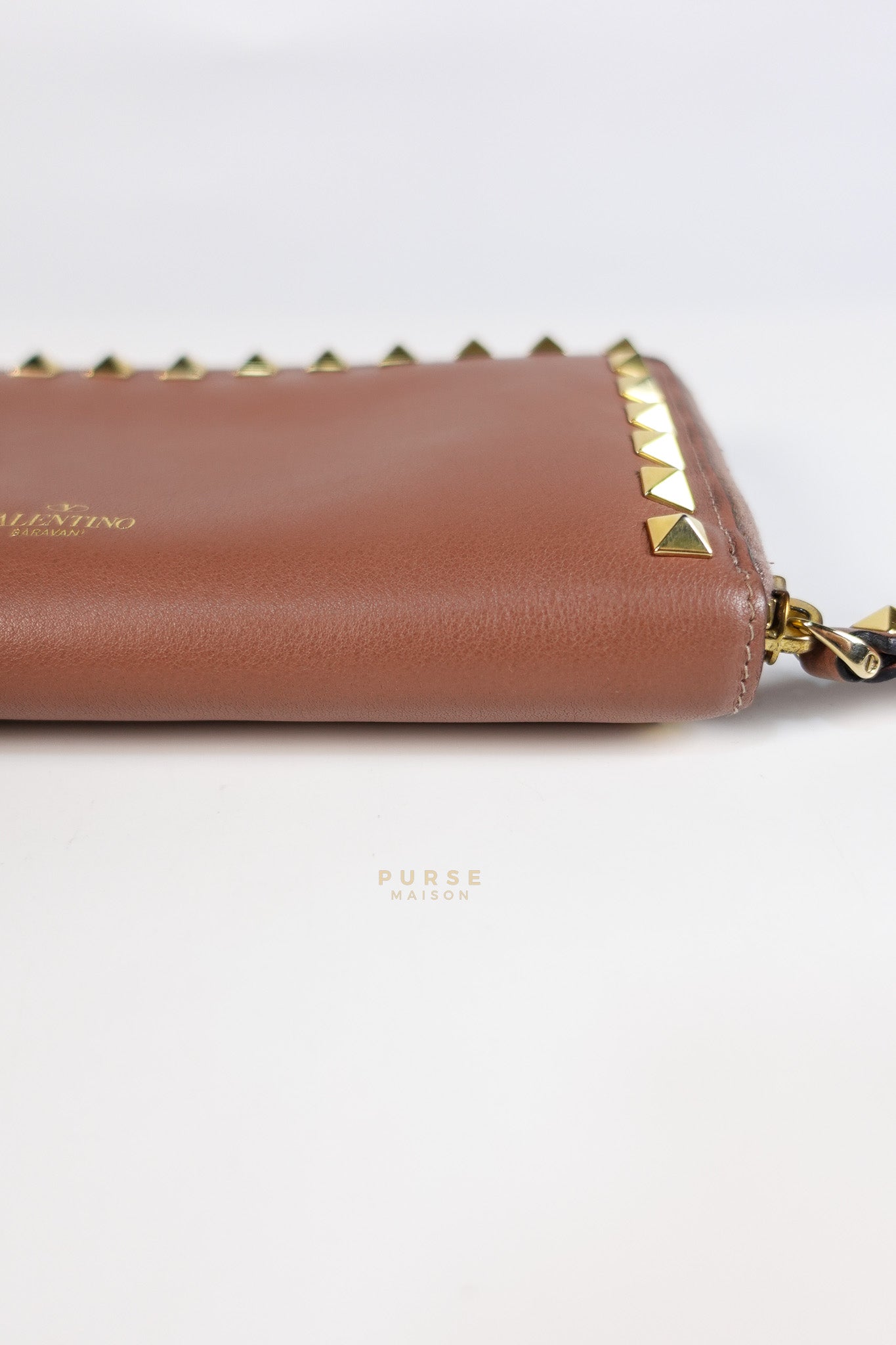 Rockstud Zip Around Long Wallet in Brown Calfskin Leather | Purse Maison Luxury Bags Shop
