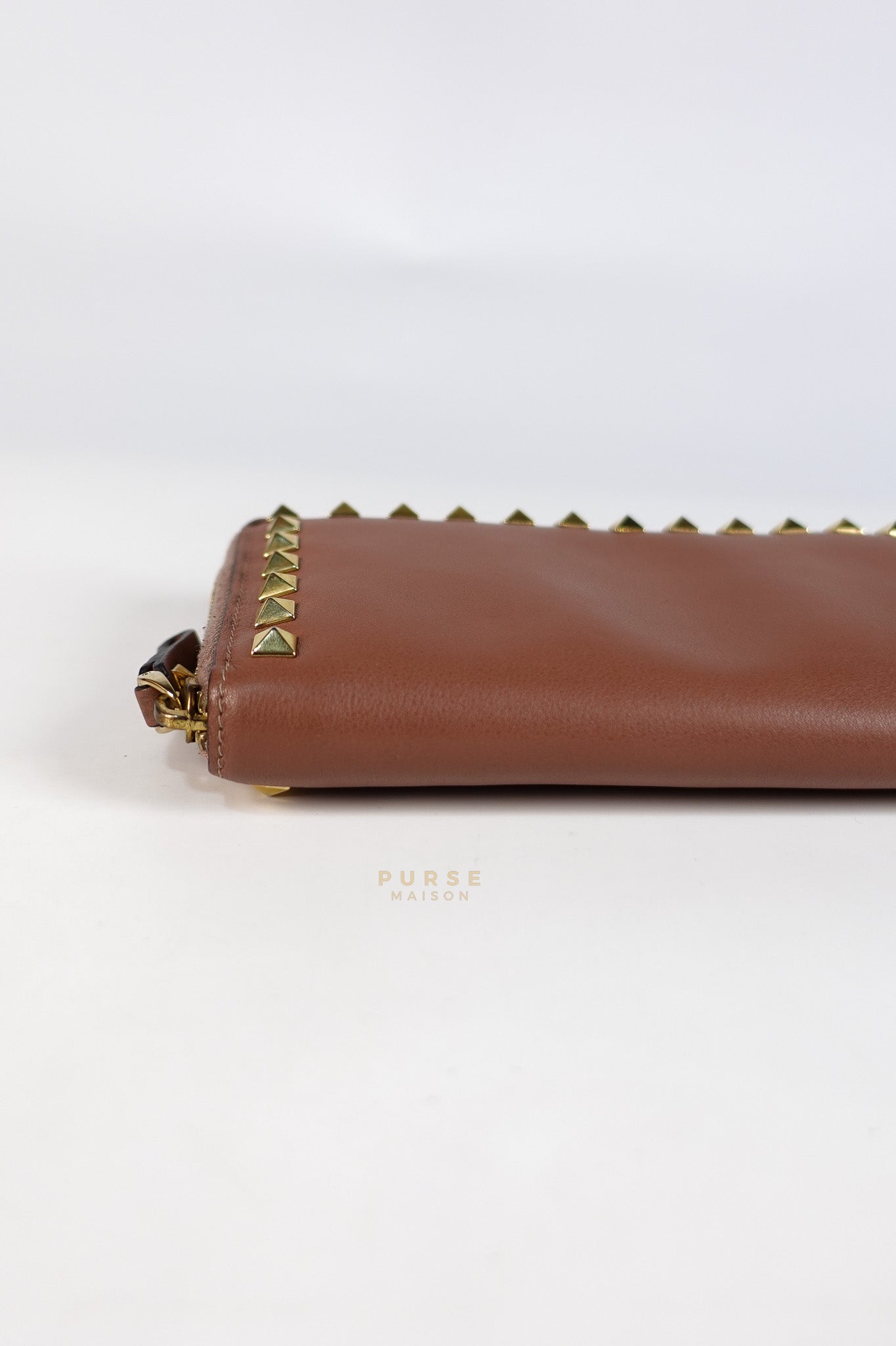 Rockstud Zip Around Long Wallet in Brown Calfskin Leather | Purse Maison Luxury Bags Shop