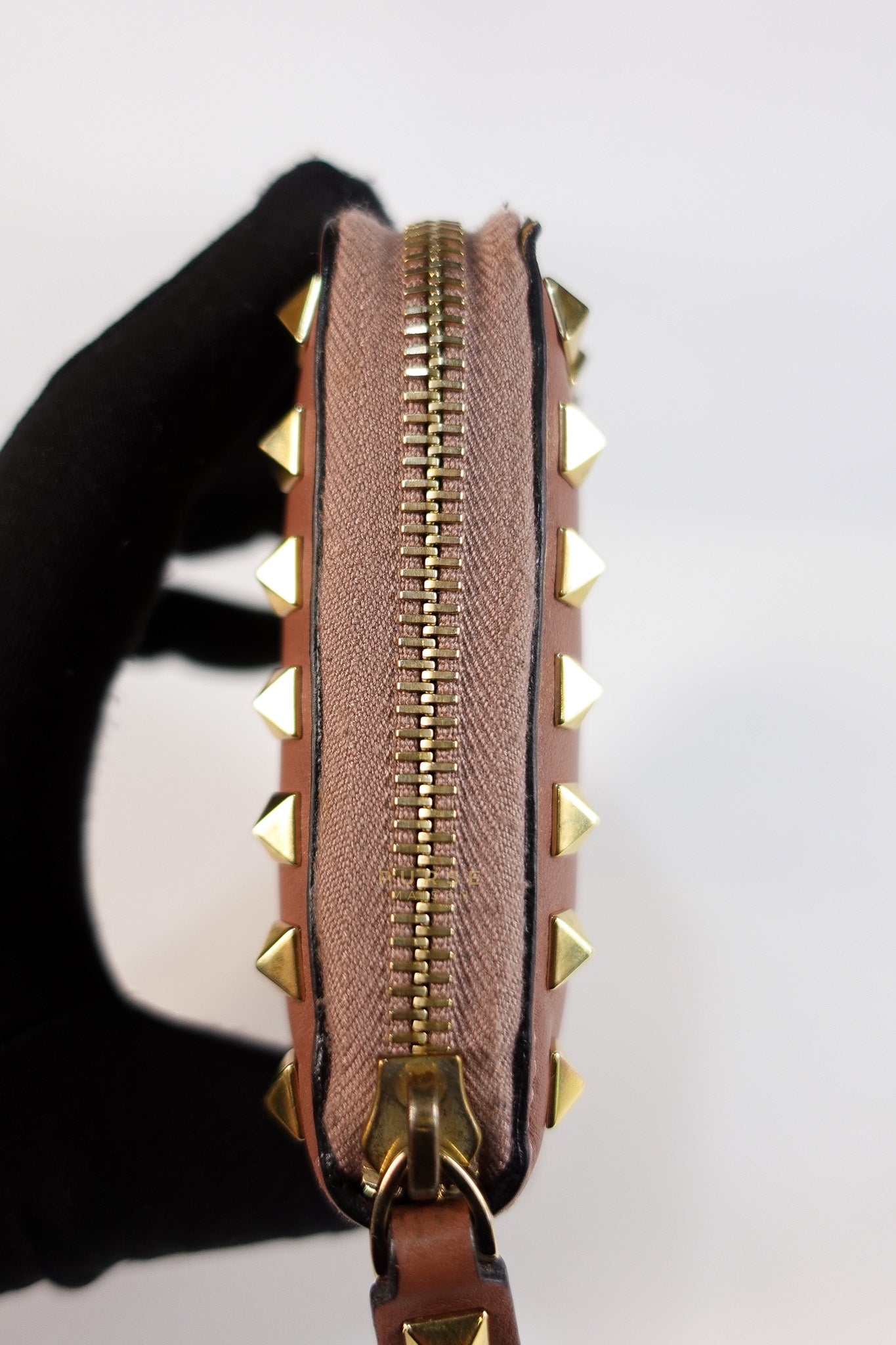 Rockstud Zip Around Long Wallet in Brown Calfskin Leather | Purse Maison Luxury Bags Shop