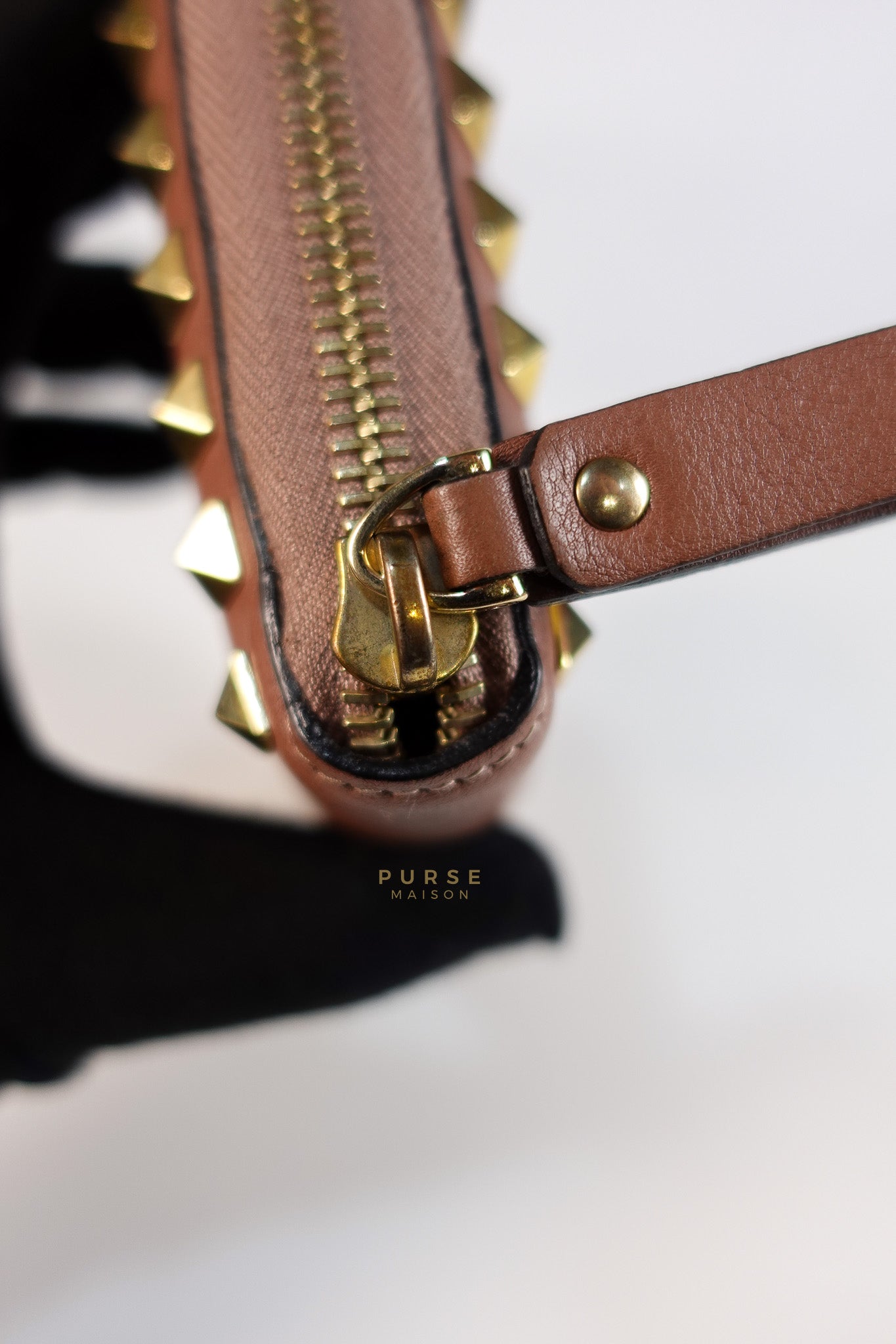 Rockstud Zip Around Long Wallet in Brown Calfskin Leather | Purse Maison Luxury Bags Shop