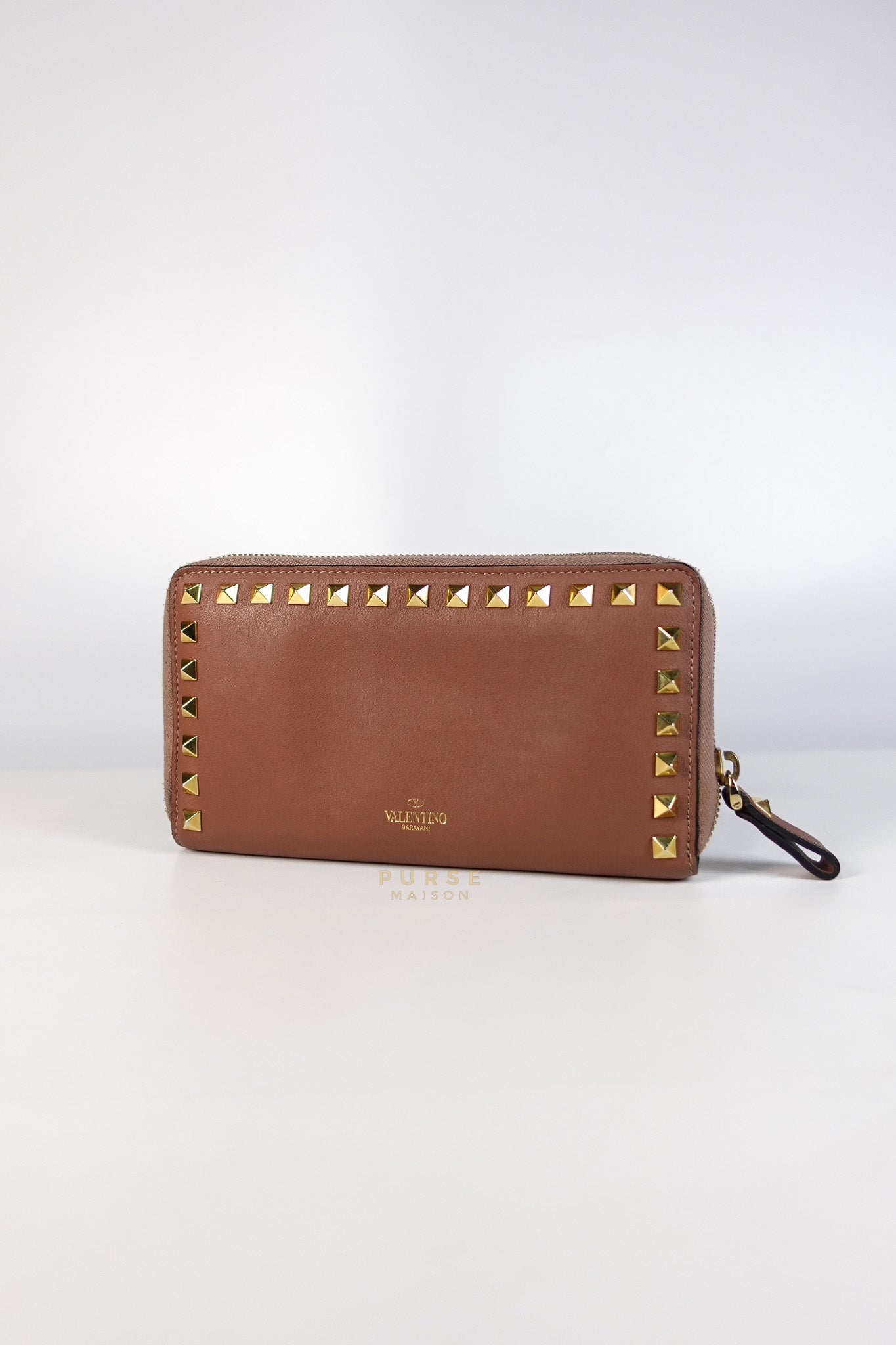 Rockstud Zip Around Long Wallet in Brown Calfskin Leather | Purse Maison Luxury Bags Shop