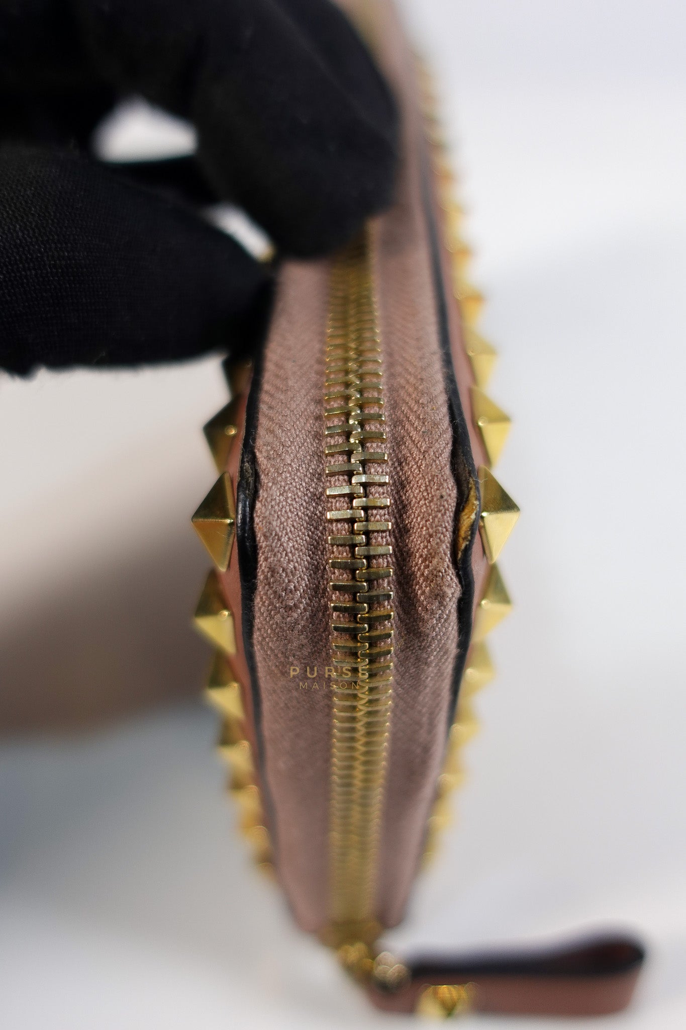 Rockstud Zip Around Long Wallet in Brown Calfskin Leather | Purse Maison Luxury Bags Shop