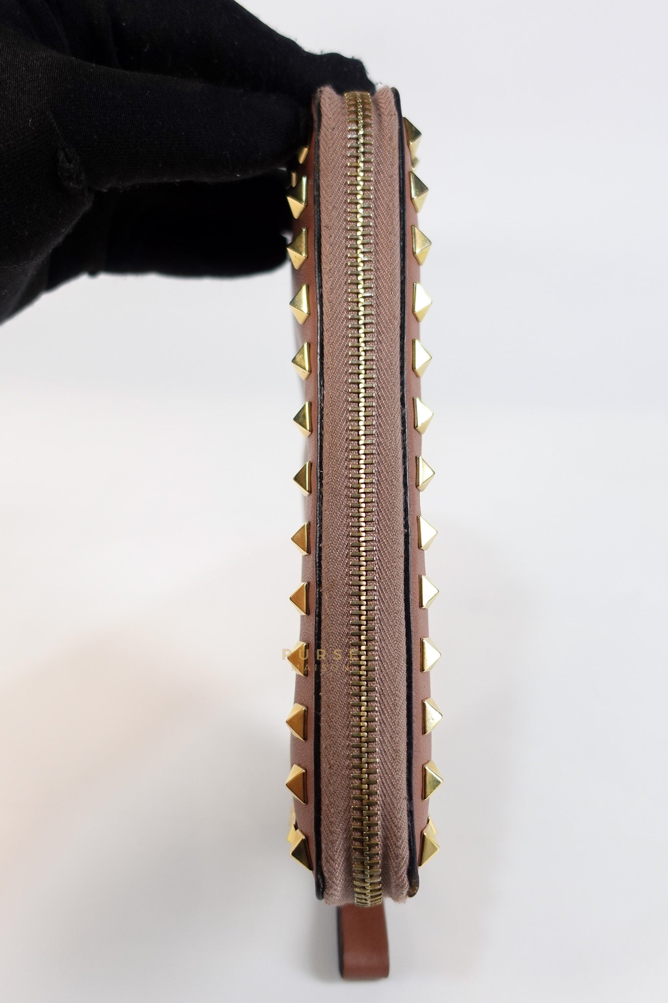 Rockstud Zip Around Long Wallet in Brown Calfskin Leather | Purse Maison Luxury Bags Shop