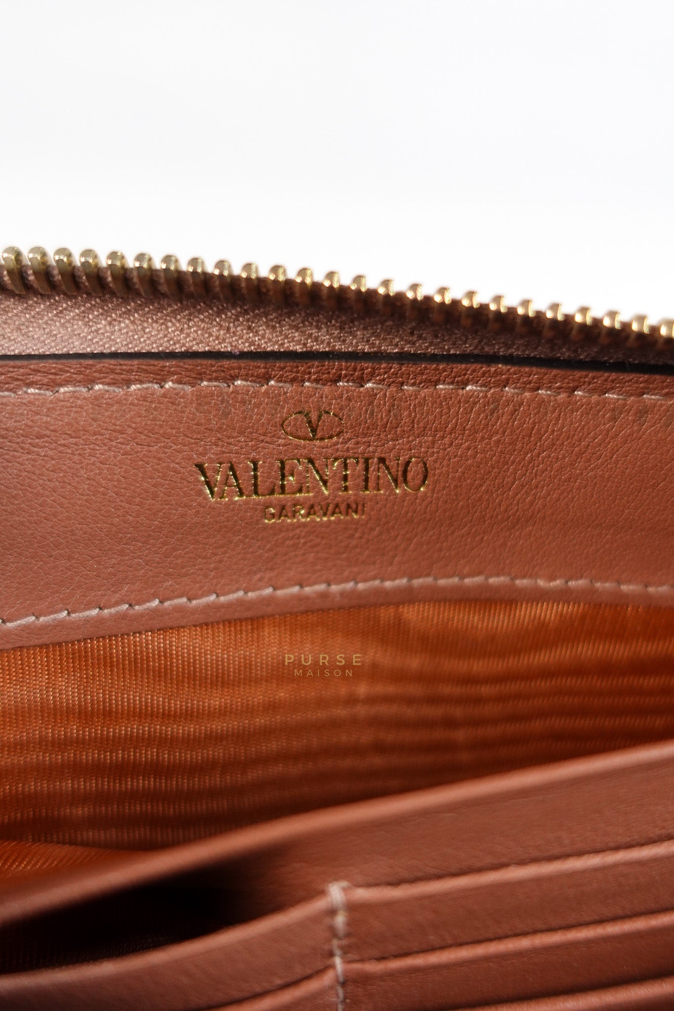 Rockstud Zip Around Long Wallet in Brown Calfskin Leather | Purse Maison Luxury Bags Shop