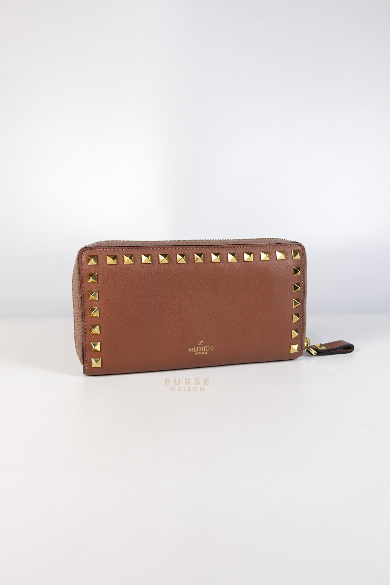 Rockstud Zip Around Long Wallet in Brown Calfskin Leather | Purse Maison Luxury Bags Shop