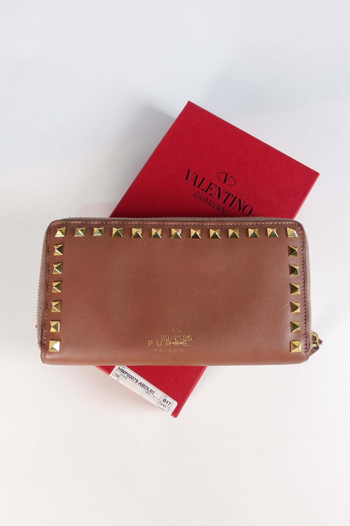 Rockstud Zip Around Long Wallet in Brown Calfskin Leather | Purse Maison Luxury Bags Shop