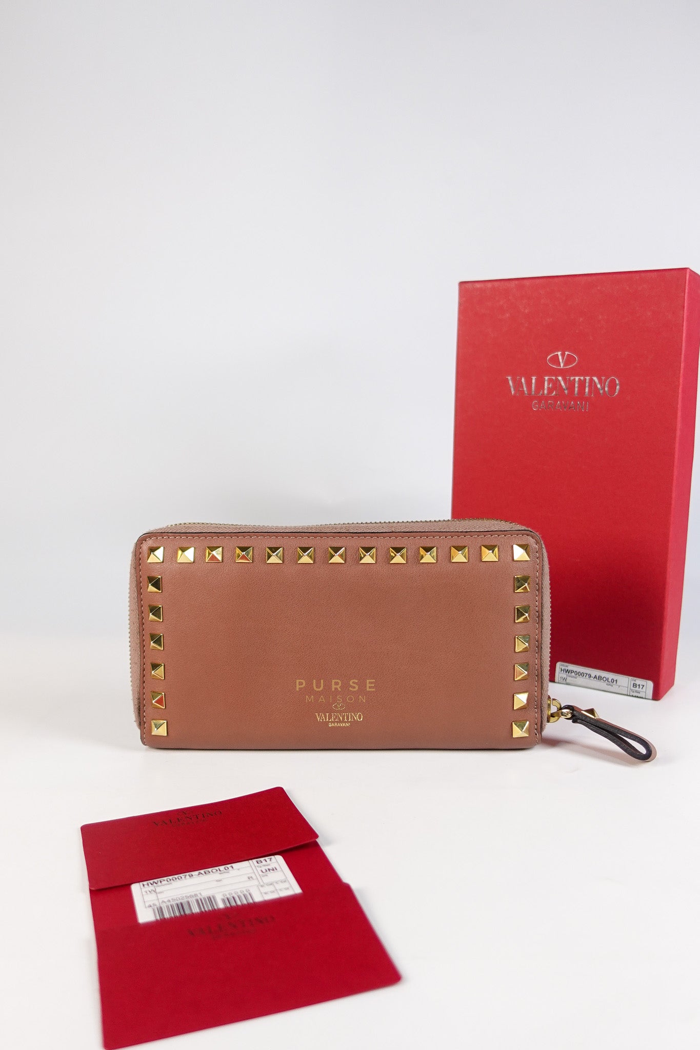 Rockstud Zip Around Long Wallet in Brown Calfskin Leather | Purse Maison Luxury Bags Shop