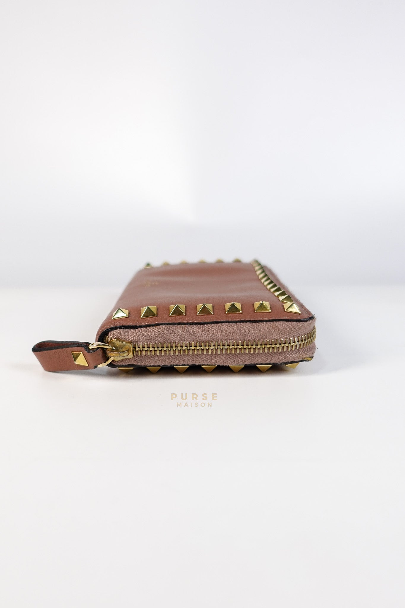 Rockstud Zip Around Long Wallet in Brown Calfskin Leather | Purse Maison Luxury Bags Shop