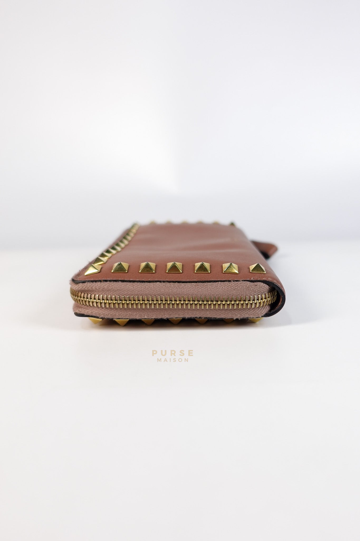 Rockstud Zip Around Long Wallet in Brown Calfskin Leather | Purse Maison Luxury Bags Shop