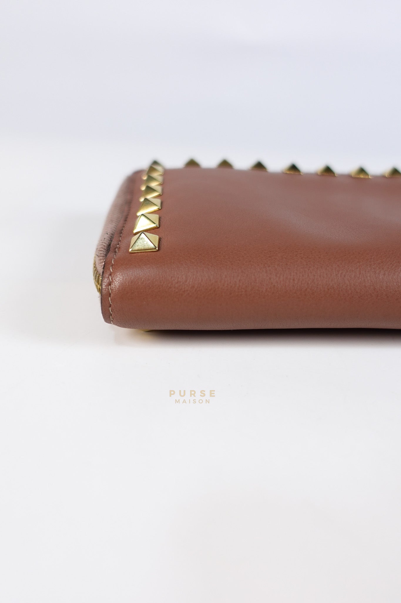 Rockstud Zip Around Long Wallet in Brown Calfskin Leather | Purse Maison Luxury Bags Shop