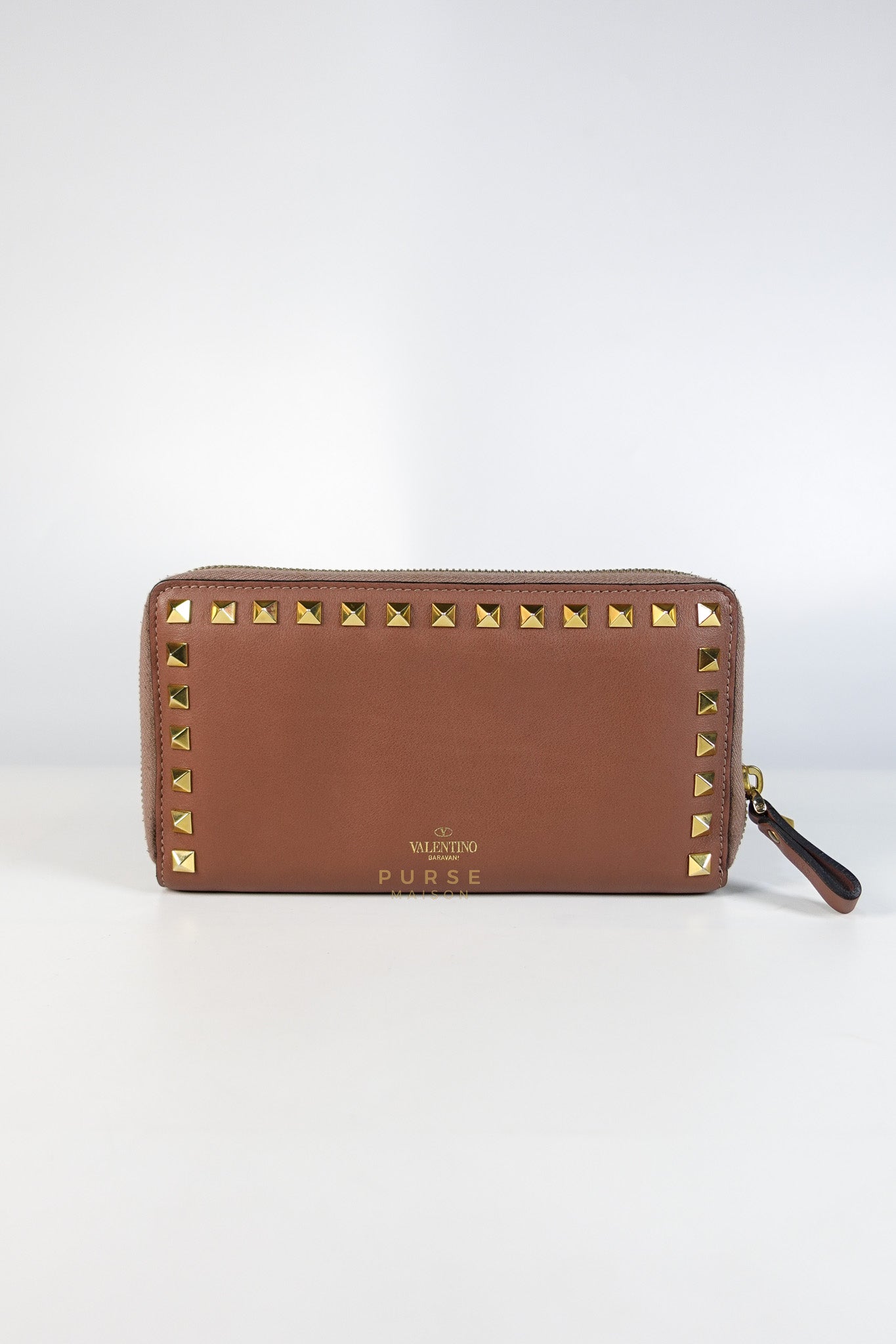 Rockstud Zip Around Long Wallet in Brown Calfskin Leather | Purse Maison Luxury Bags Shop