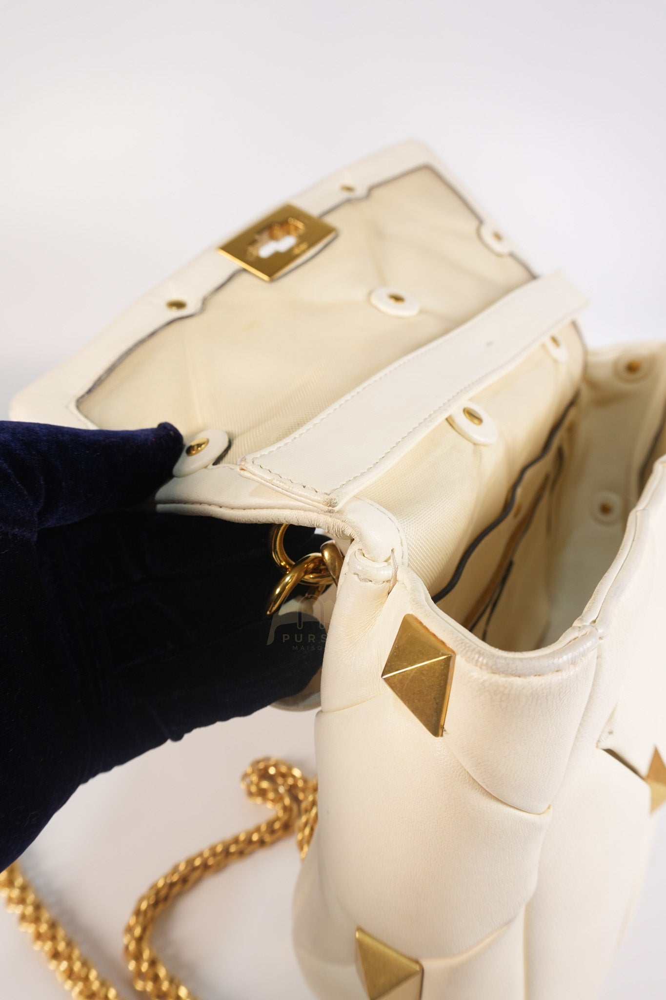 Roman Stud Top Handle Off White Nappa Leather Crossbody Bag | Purse Maison Luxury Bags Shop