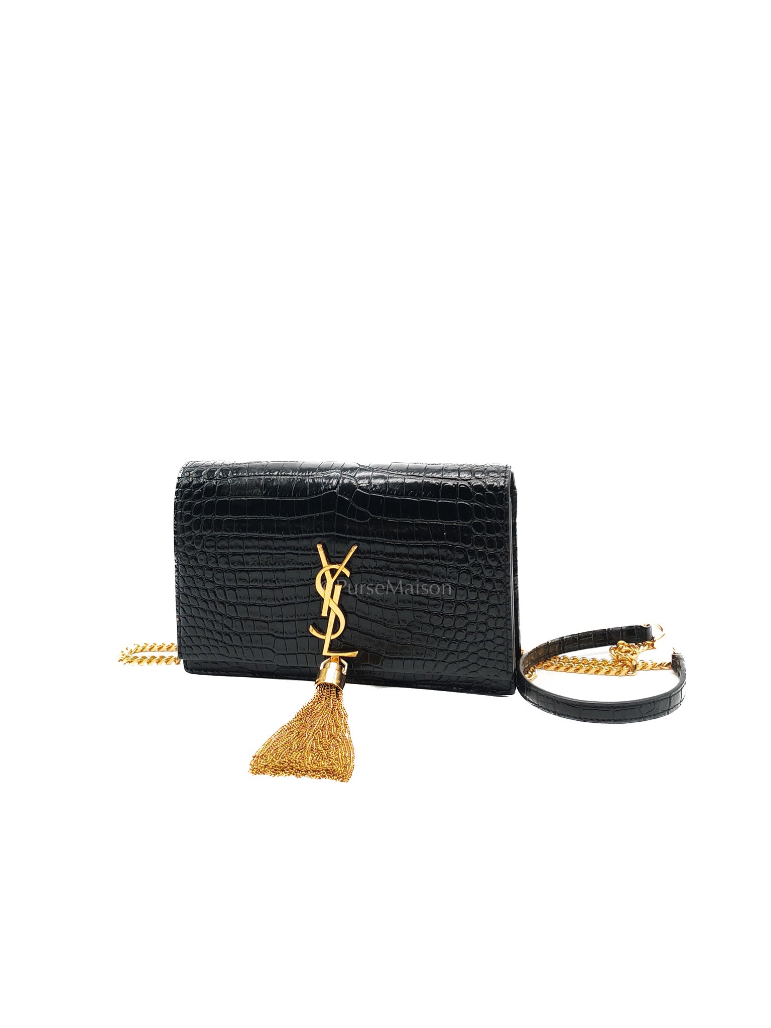 Kate Tassel Bag in Black Croc-Embossed Leather & Gold Hardware